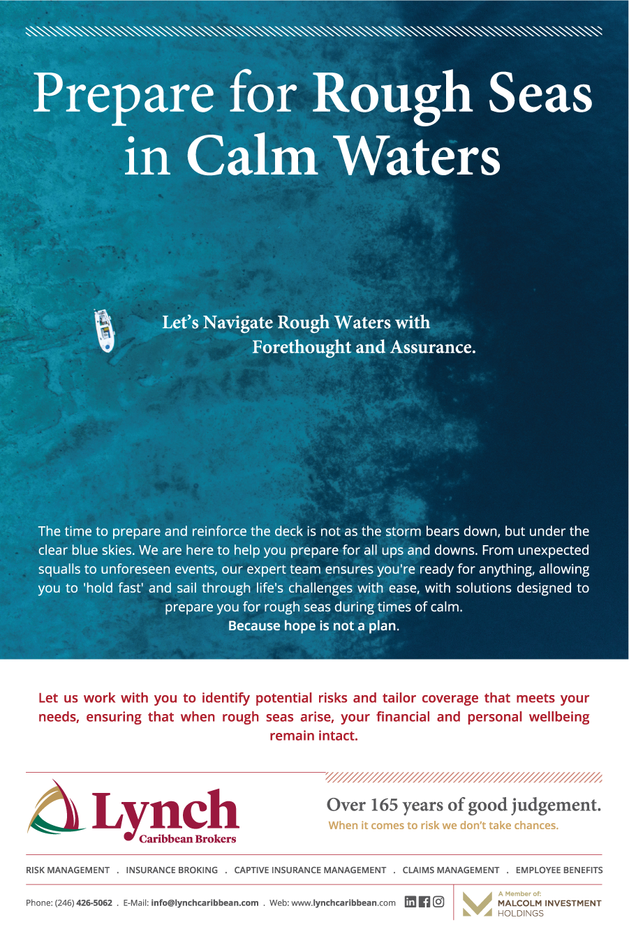 A promotional flyer with ocean themes about preparing for rough seas, featuring a small boat on the water and Lynch Caribbean Brokers logo, emphasizing risk management and insurance services.