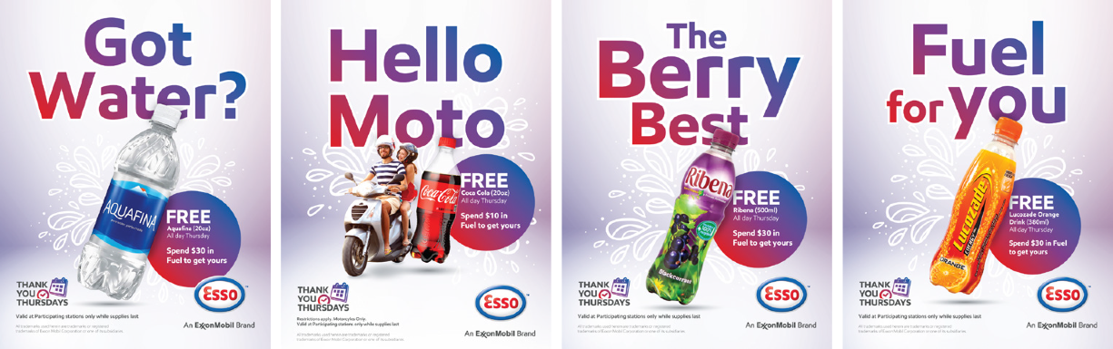 Four promotional gasoline station posters, each featuring a different product or message, including water, motorcycles, berries, and fuel, with promotional offers and the Esso logo.