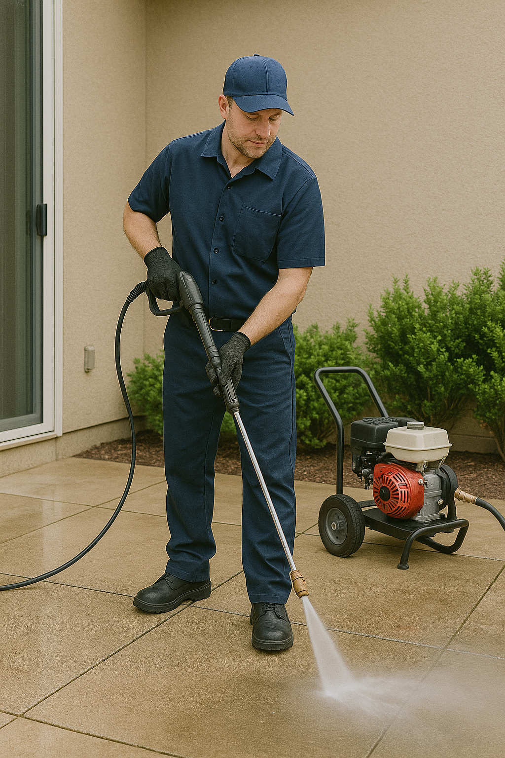 A man in brown and yellow jacket pressure washing a concrete surface outdoors in a park with trees, stairs, benches, and people in the background.