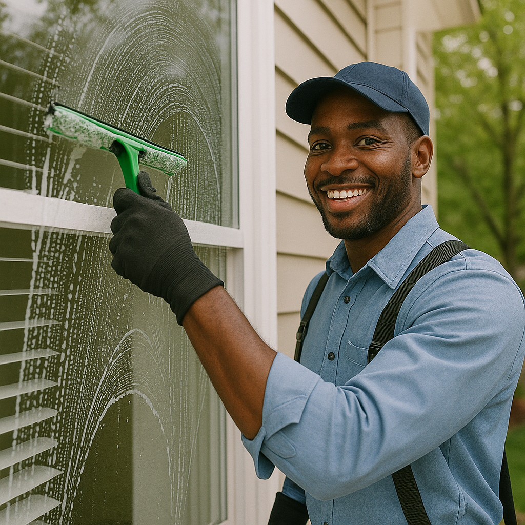 Woman wearing protective goggles, face mask, yellow gloves, and a white shirt, cleaning a window with a yellow sponge in a room with green walls.
