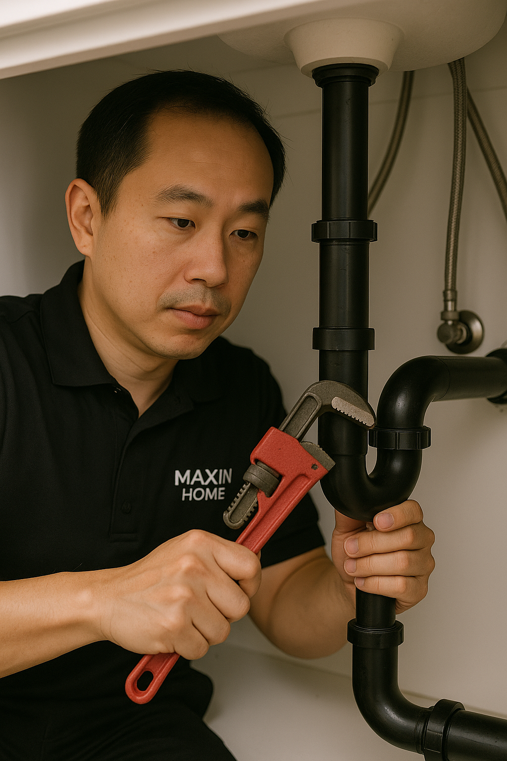 A man in a red shirt fixing plumbing under a sink with white PVC pipes and black fittings, illuminated by blue light.