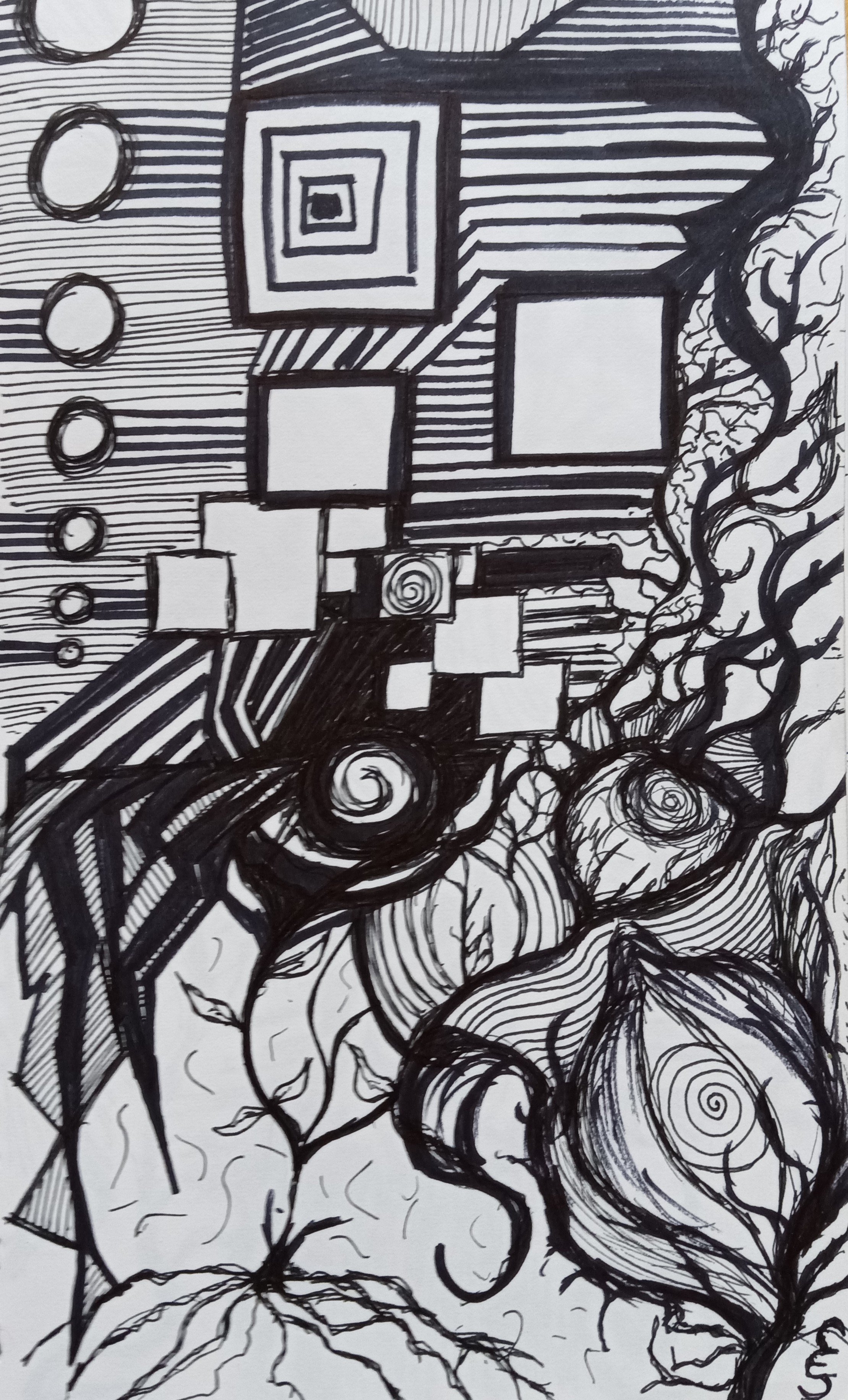 Dessin abstrait en noir et blanc avec des formes géométriques, des lignes horizontales et verticales, des spirales, et des éléments organiques semblant évoquer des racines ou des branches.