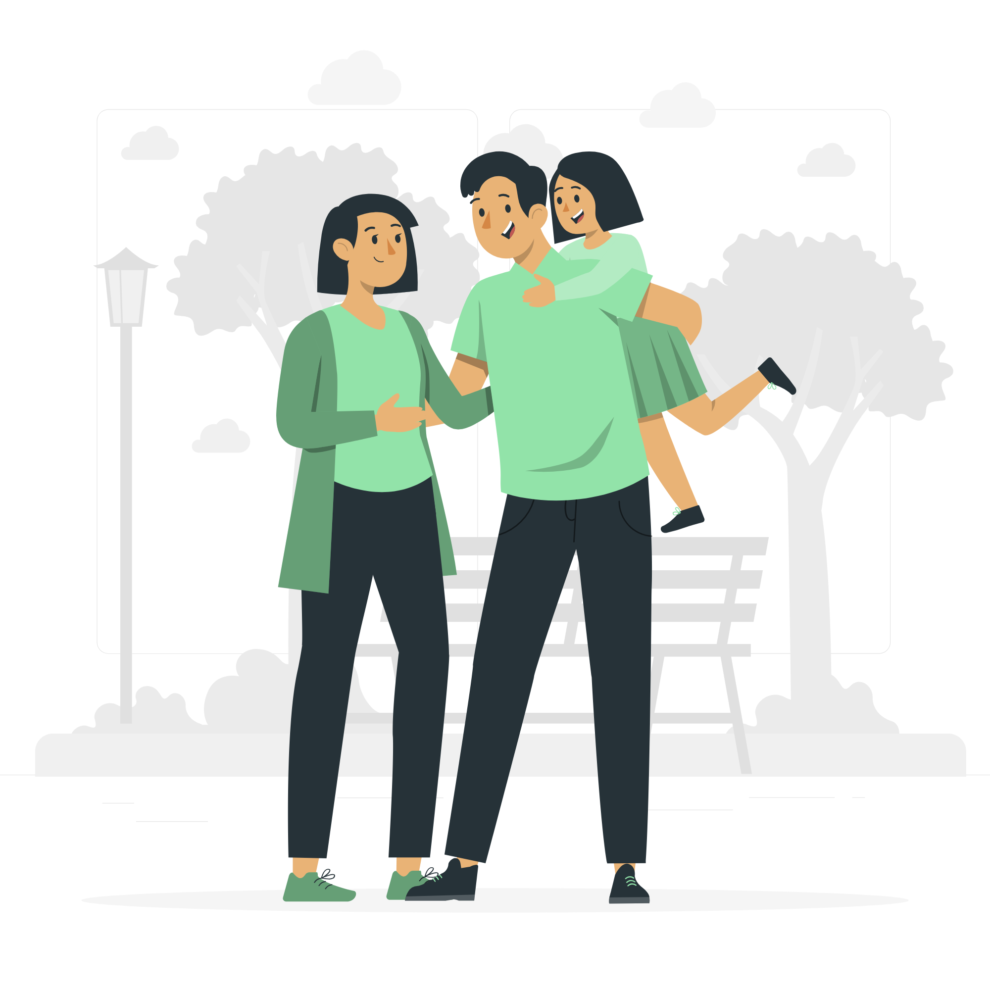 A family of three standing outside in a park, the father holding their young daughter on his shoulders, all smiling and chatting.