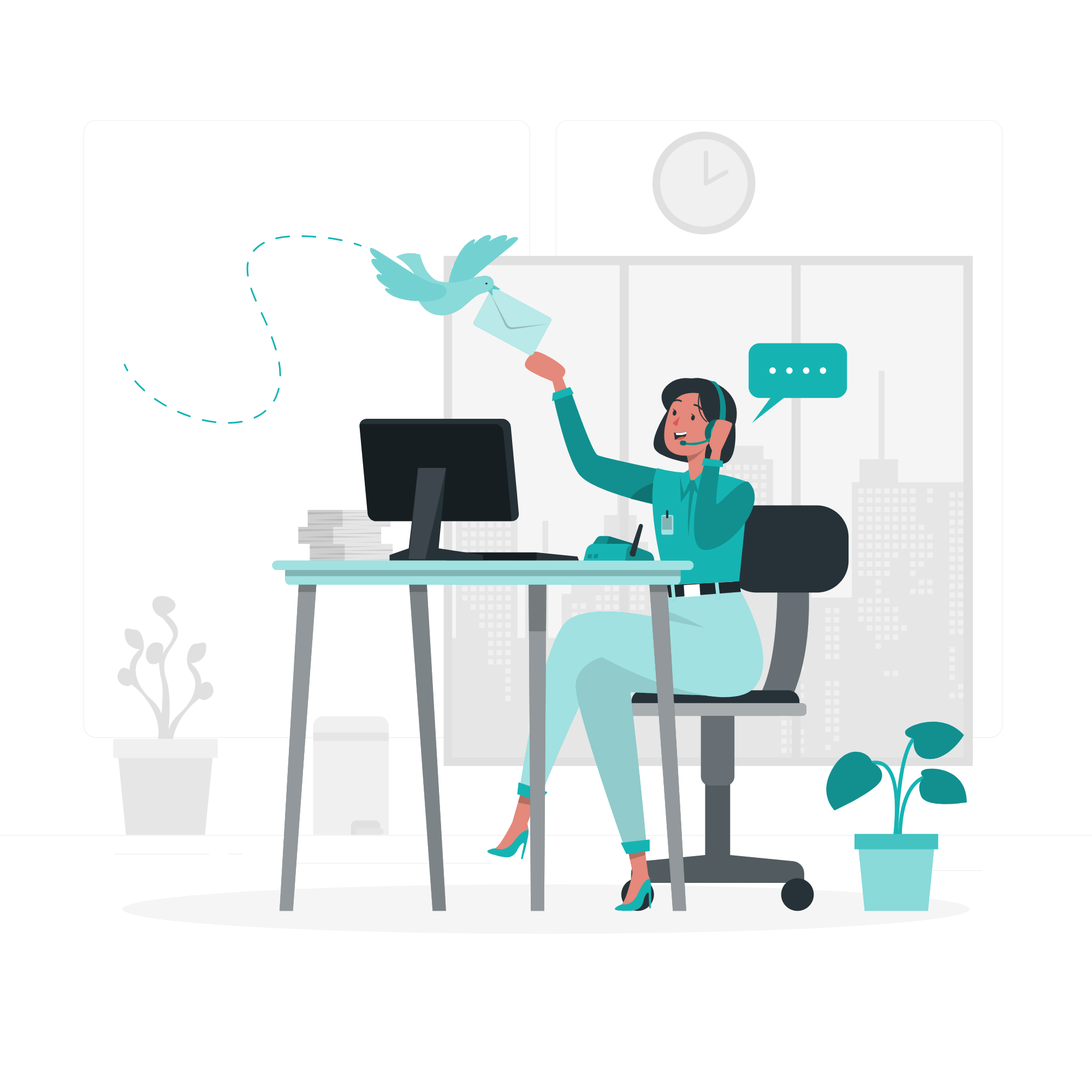 Woman working at a desk with a computer, wearing a headset, and handing a document to a bird in an office with a cityscape view