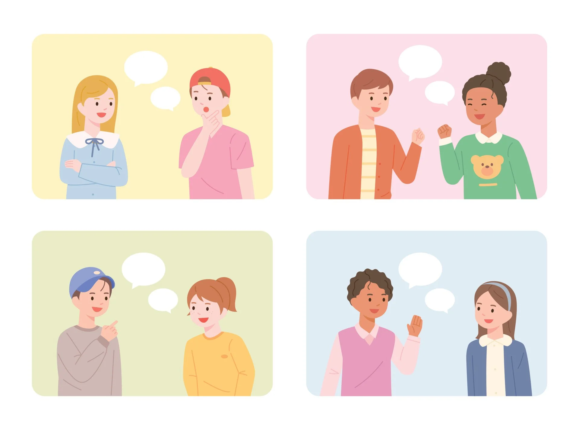 Illustration of four pairs of people having conversations, each pair in a different colored background: top left with two women, one in a blue shirt and one in pink with a cap, top right with a man in an orange jacket and a woman in a green sweater with a bear face, bottom left with a man in a gray shirt and a woman in a yellow shirt, bottom right with a woman in pink and another in blue sitting and talking.