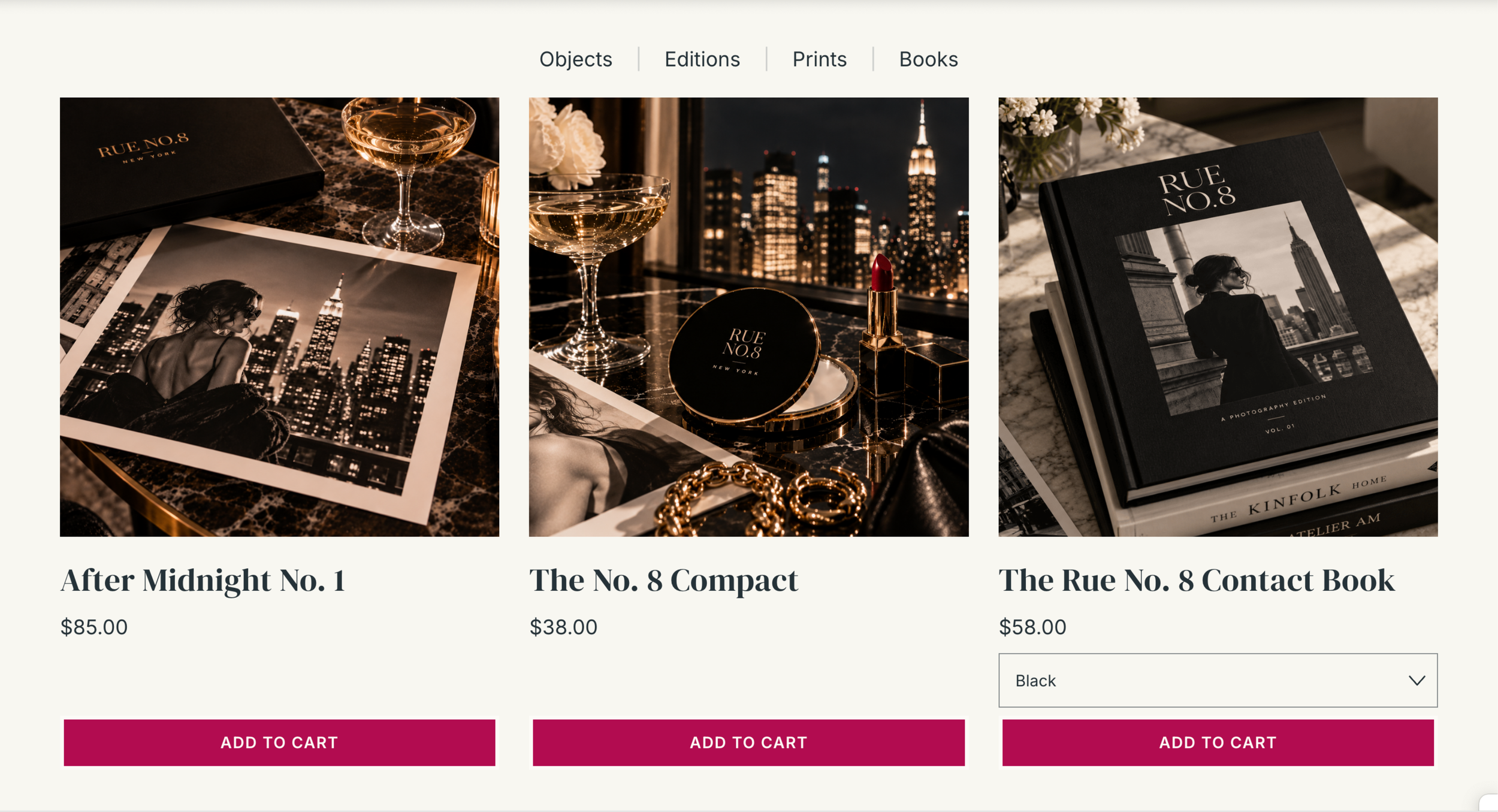 Store items including compact, table books, and prints
