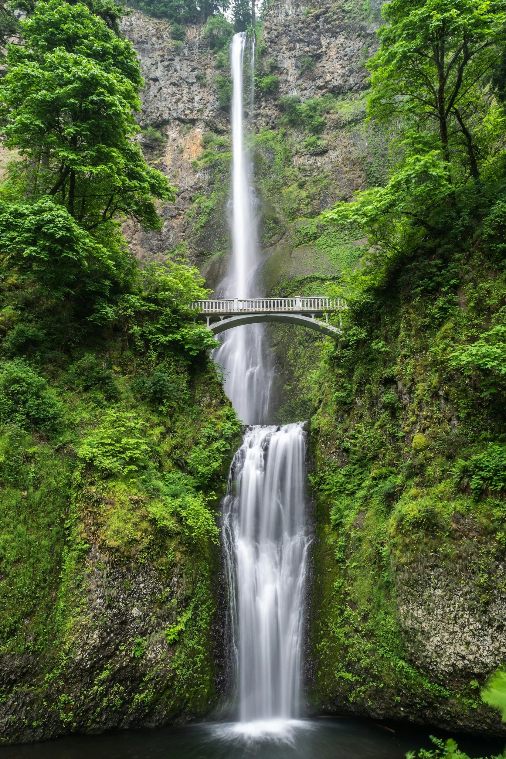 A tall, cascading waterfall flowing down a green, rocky cliff with a bridge across the middle, surrounded by lush trees.