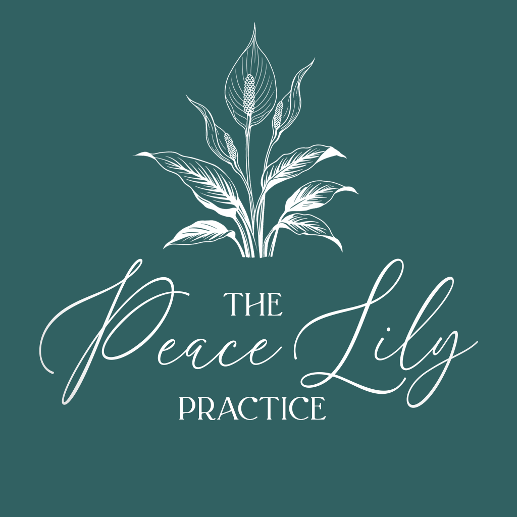 Advertisement for The Peace Lily Practice featuring a white line art illustration of a peace lily plant with the text 'The Peace Lily Practice' on a teal background.