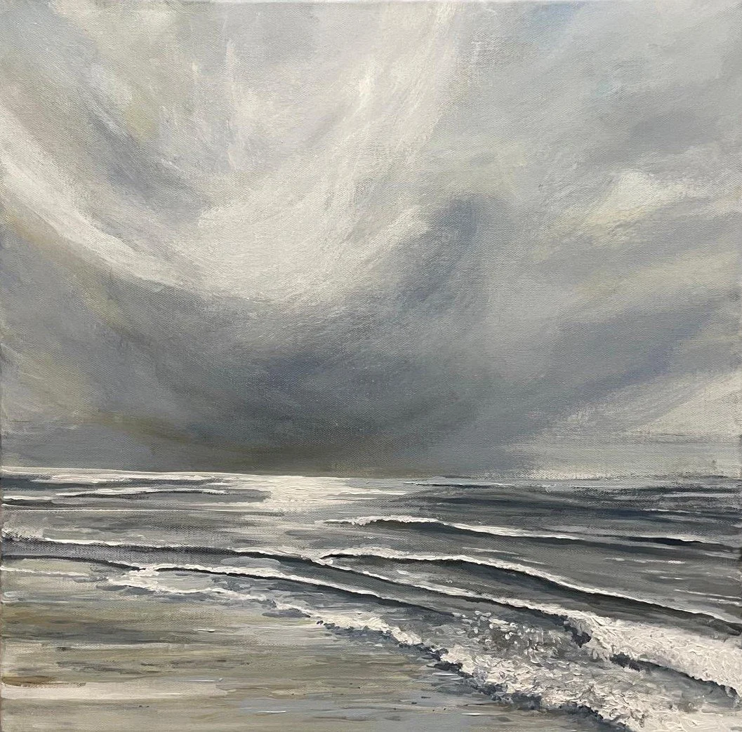 A gray, overcast sky with dark, turbulent clouds over a calm ocean with gentle waves, painted in a monochromatic style.