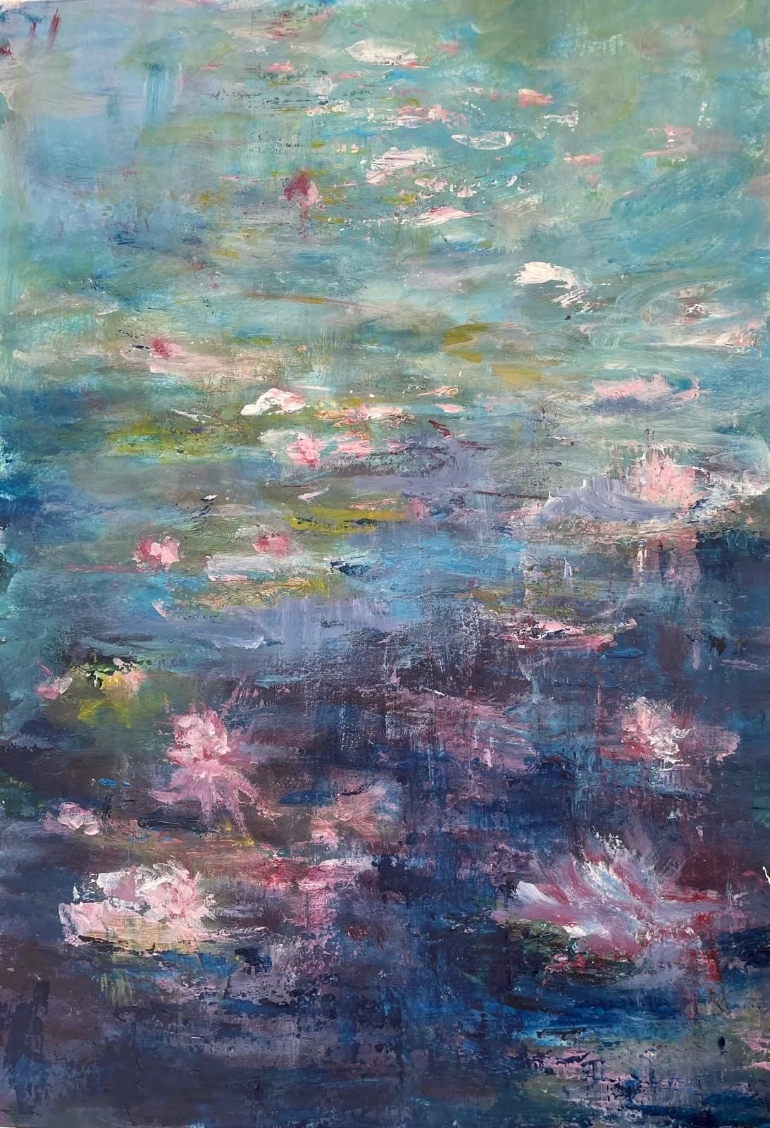Abstract painting of water lilies on a pond with soft pastel colors, including pink, blue, green, and purple, with loose brushstrokes.
