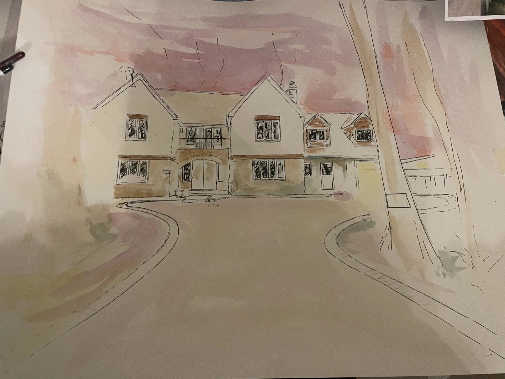 Sketch of a two-story house with multiple windows and a small front porch, set on a curved driveway, with a pinkish sky background.