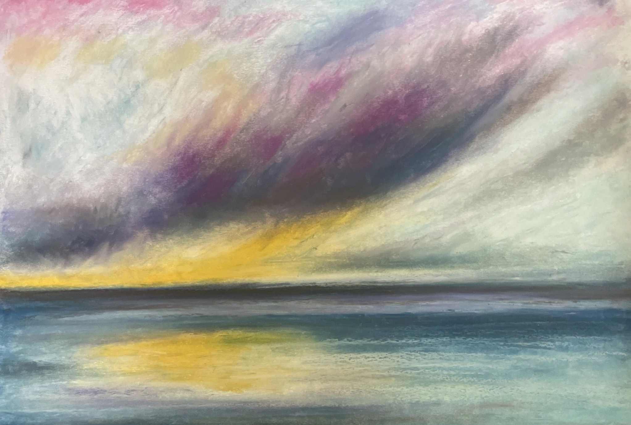 An abstract painting of a sky with dark, stormy clouds in purple, pink, gray, and yellow hues over a horizon of muted blue and green tones.