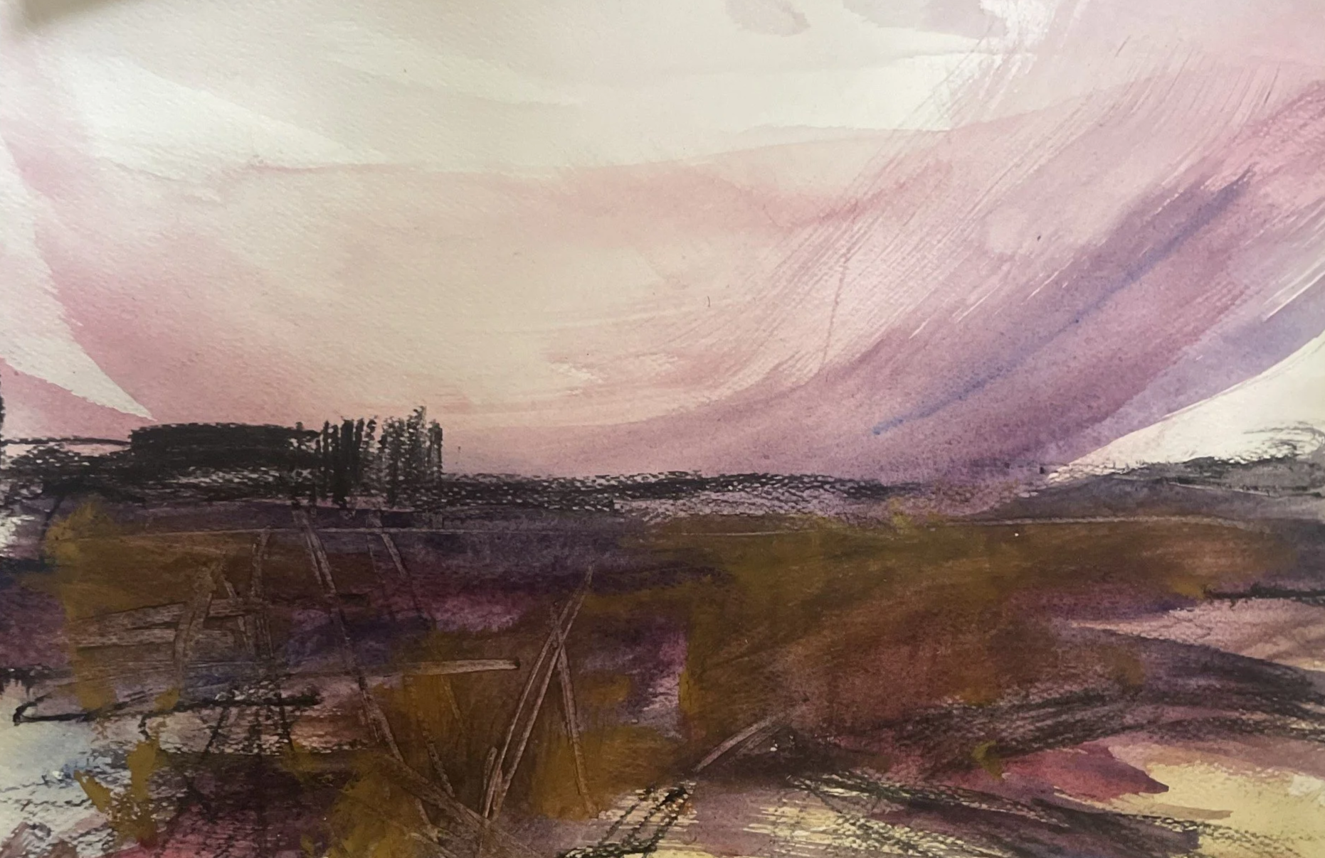 Abstract landscape painting with a pink and purple sky, dark silhouetted trees, and brown foreground.
