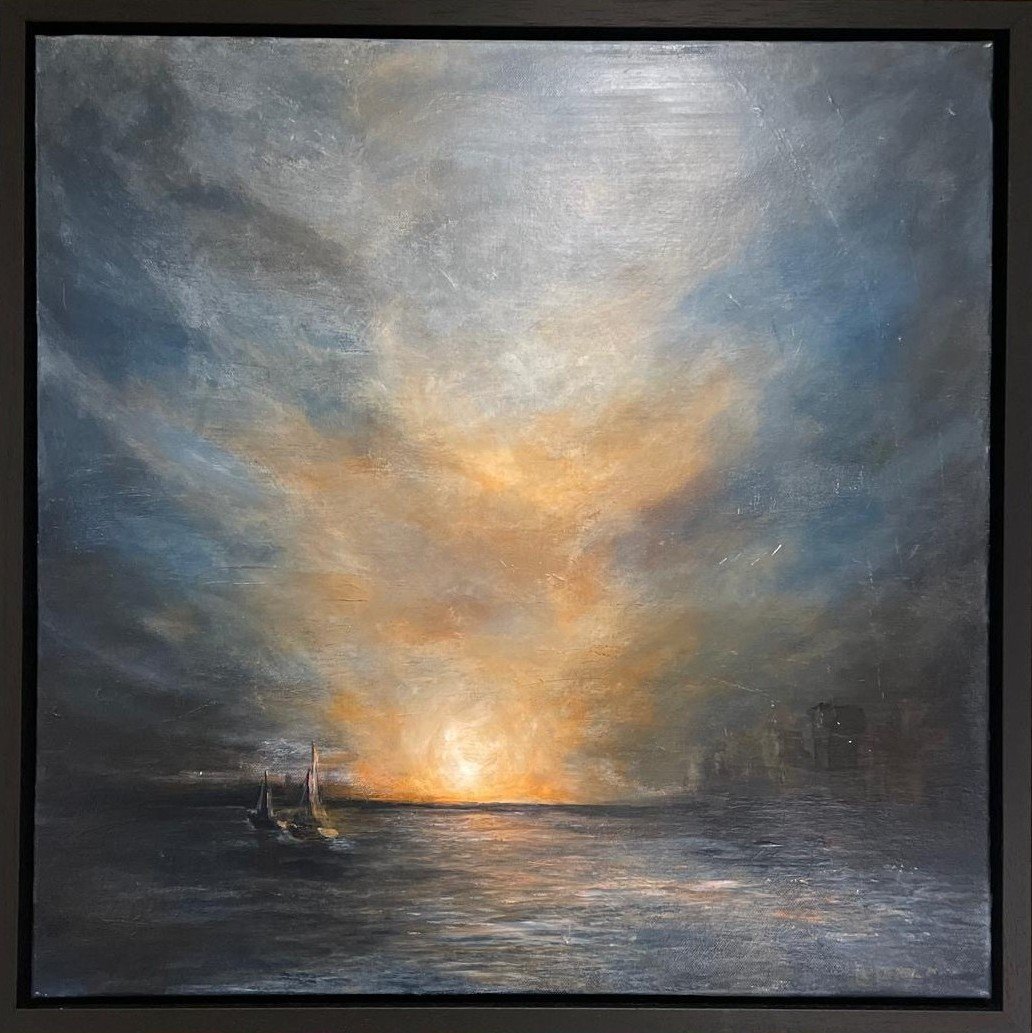 A painting of a sunset over the ocean with two sailboats in the water, featuring a dramatic sky with clouds and warm tones.