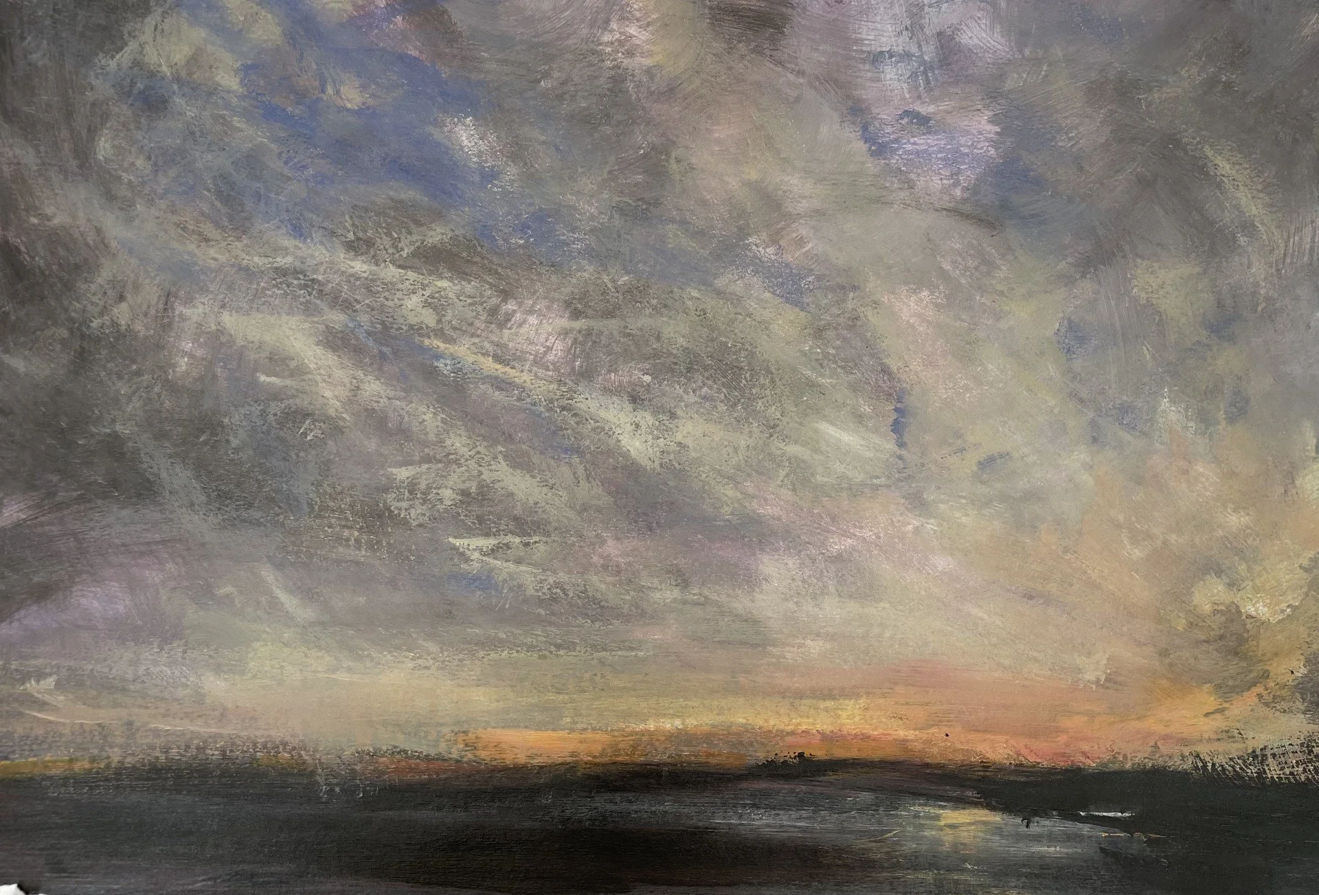 A painting with a sky filled with gray clouds, some hints of purple and pink, and a darker horizon line at the bottom.