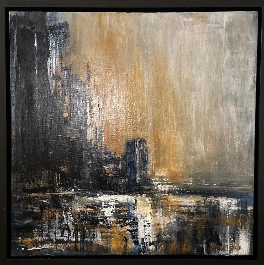 Abstract cityscape painting featuring tall dark buildings and reflections on the water in shades of black, gray, white, beige, and gold.