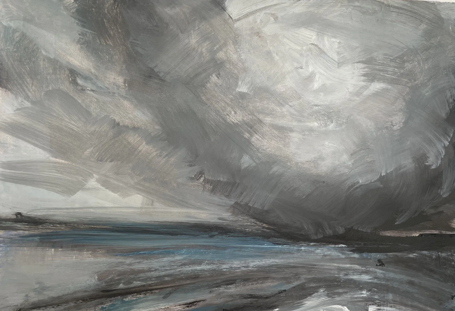 An abstract painting with broad, sweeping strokes in shades of gray, white, and some hints of blue, creating a textured, stormy sky appearance.