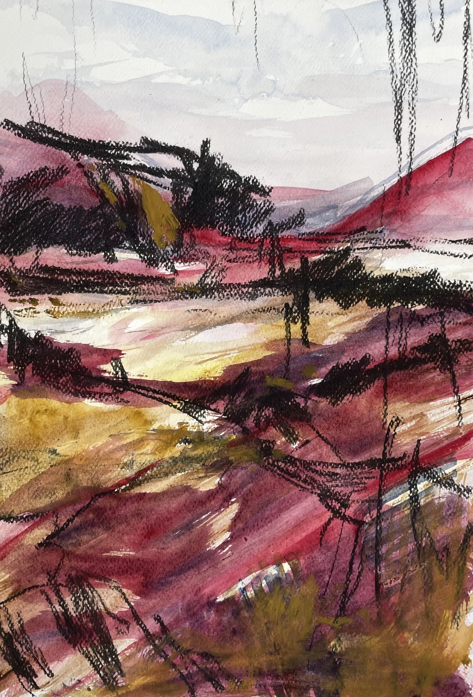 Abstract landscape with pink, purple, yellow, and black watercolor strokes and cityscape sketches under a cloudy sky.