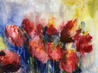 Abstract painting of red and pink flowers with green and yellow background.