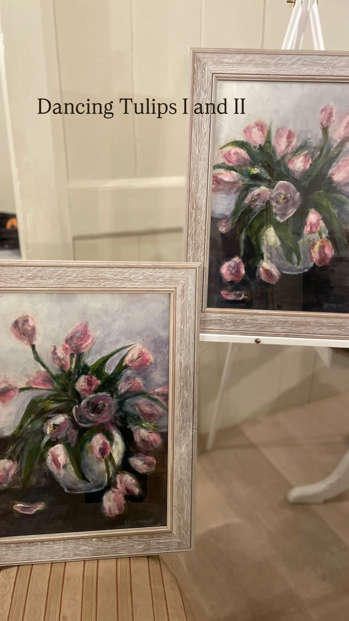 Paintings of pink tulips in a glass vase displayed on small easels, with the text "Dancing Tulips I and II" overlaid on the image.