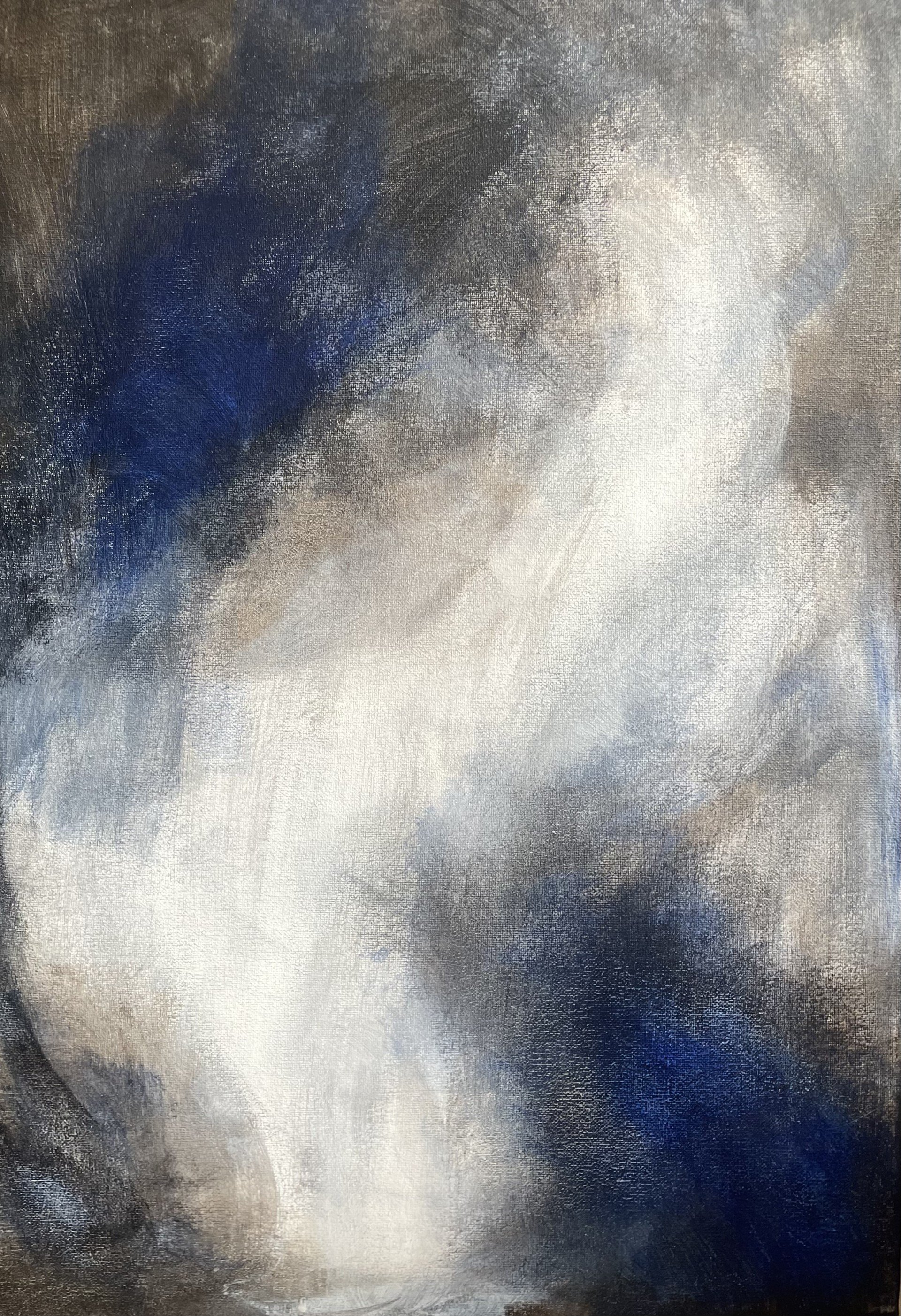 Abstract textured painting with shades of blue, gray, black, and white.