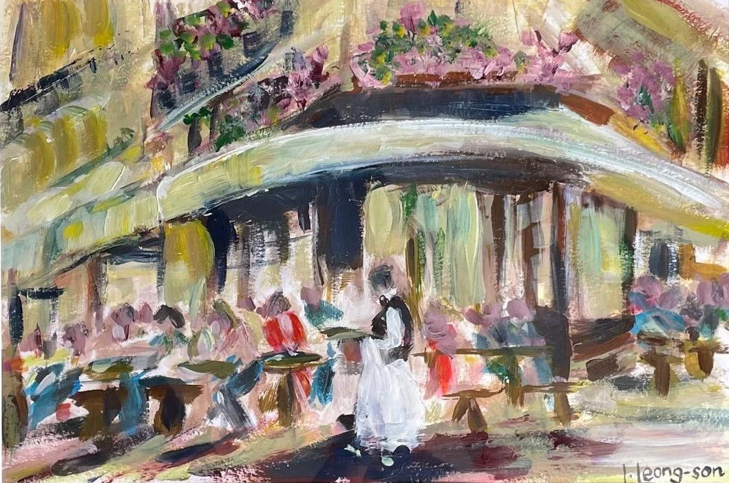 An impressionistic painting of a busy outdoor cafe with tables and benches, a stone bridge, and a fountain in the background, with people sitting and a woman walking in the foreground.