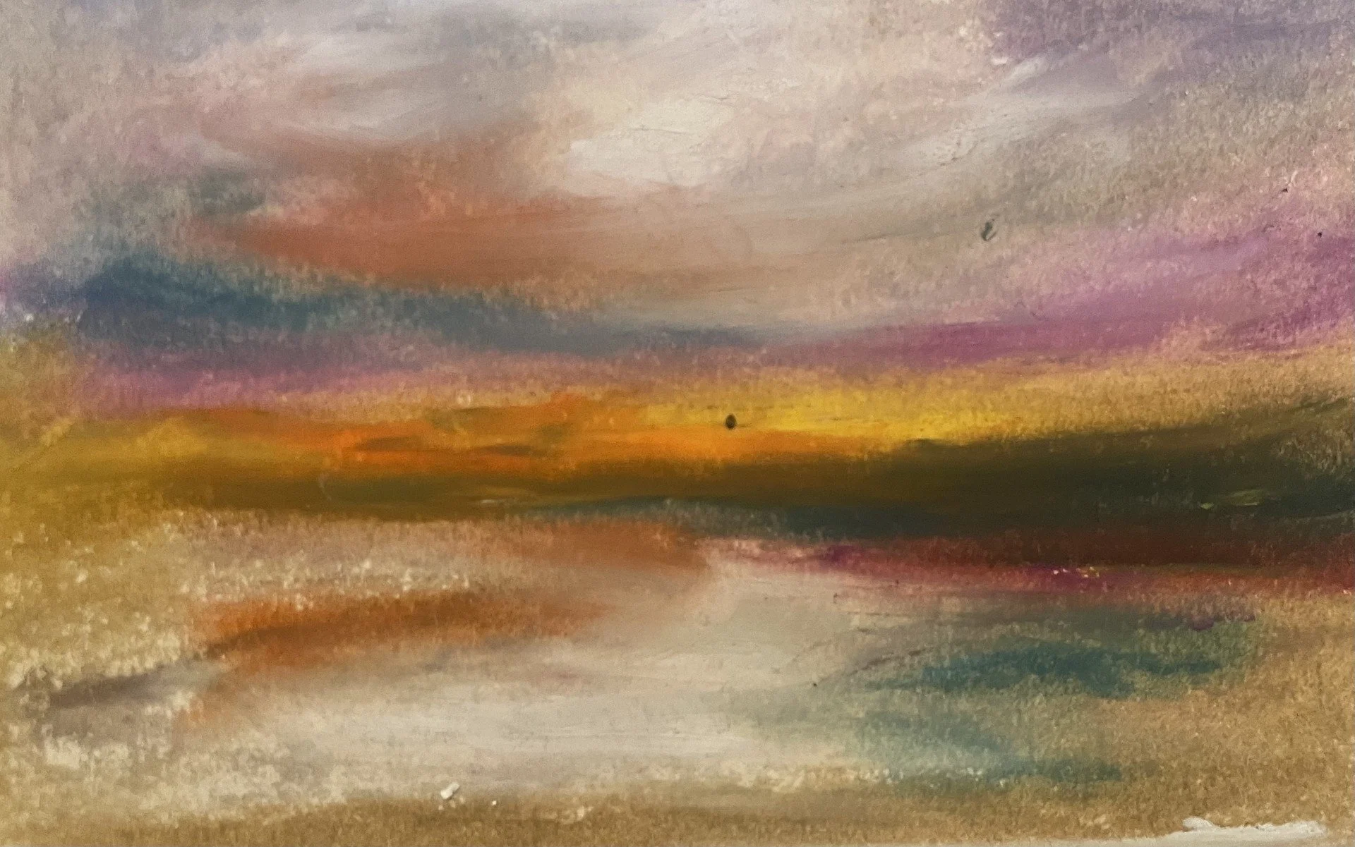 Abstract landscape painting with soft pastel colors and horizontal brushstrokes.