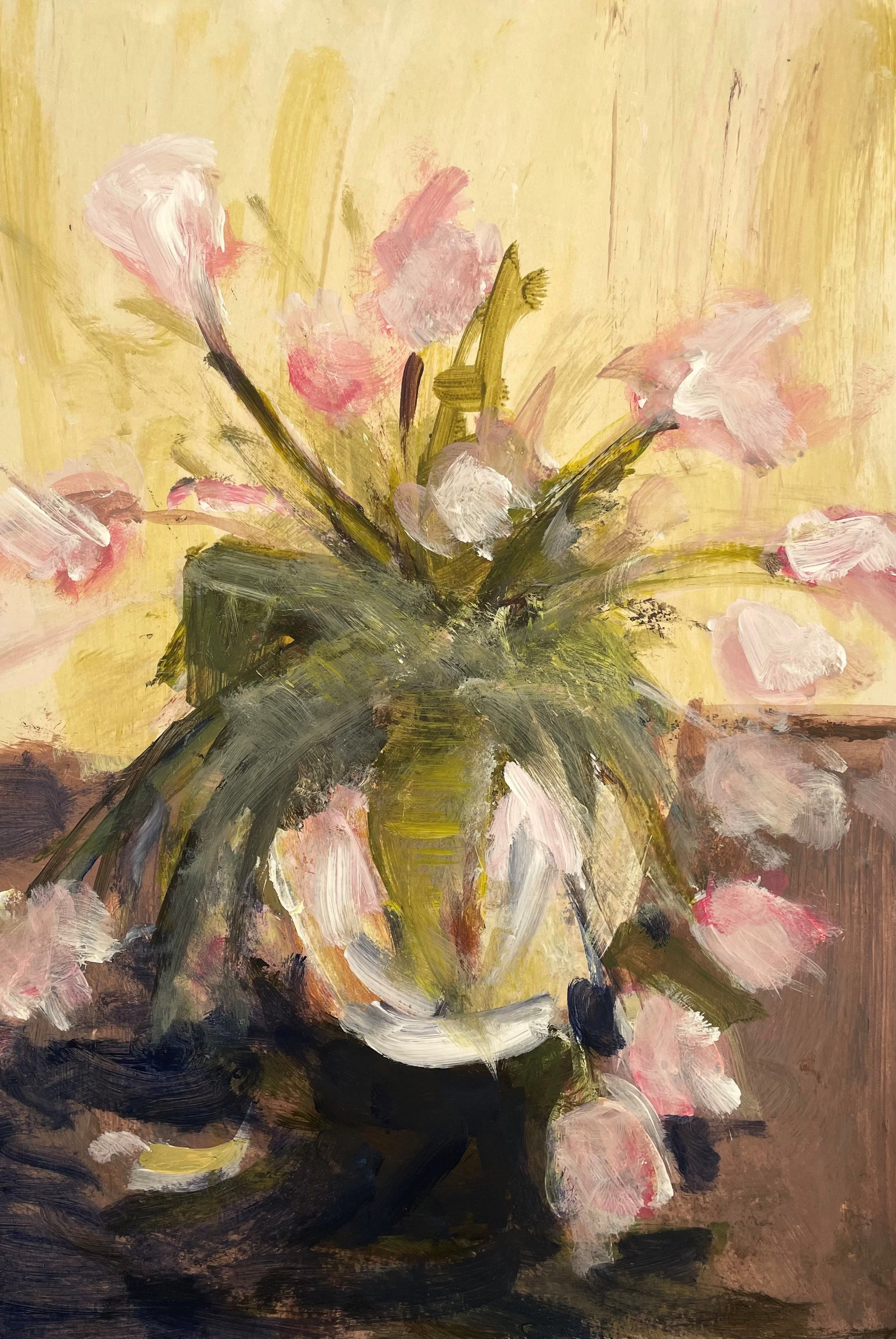 An abstract painting of a pink and white flower bouquet in a dark vase, with expressive brushstrokes and a yellow background.