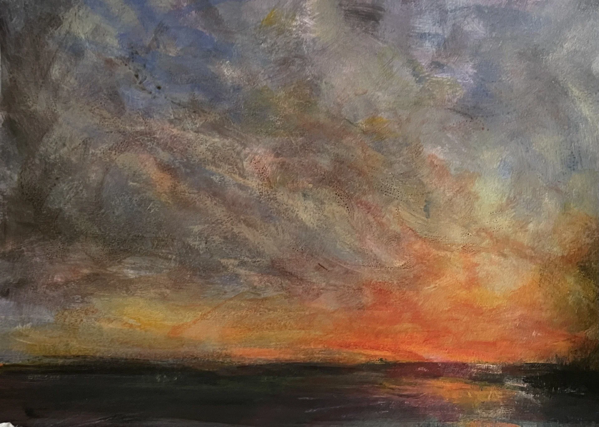 Abstract landscape painting with a stormy sky, dark horizon, and fiery sunset colors.