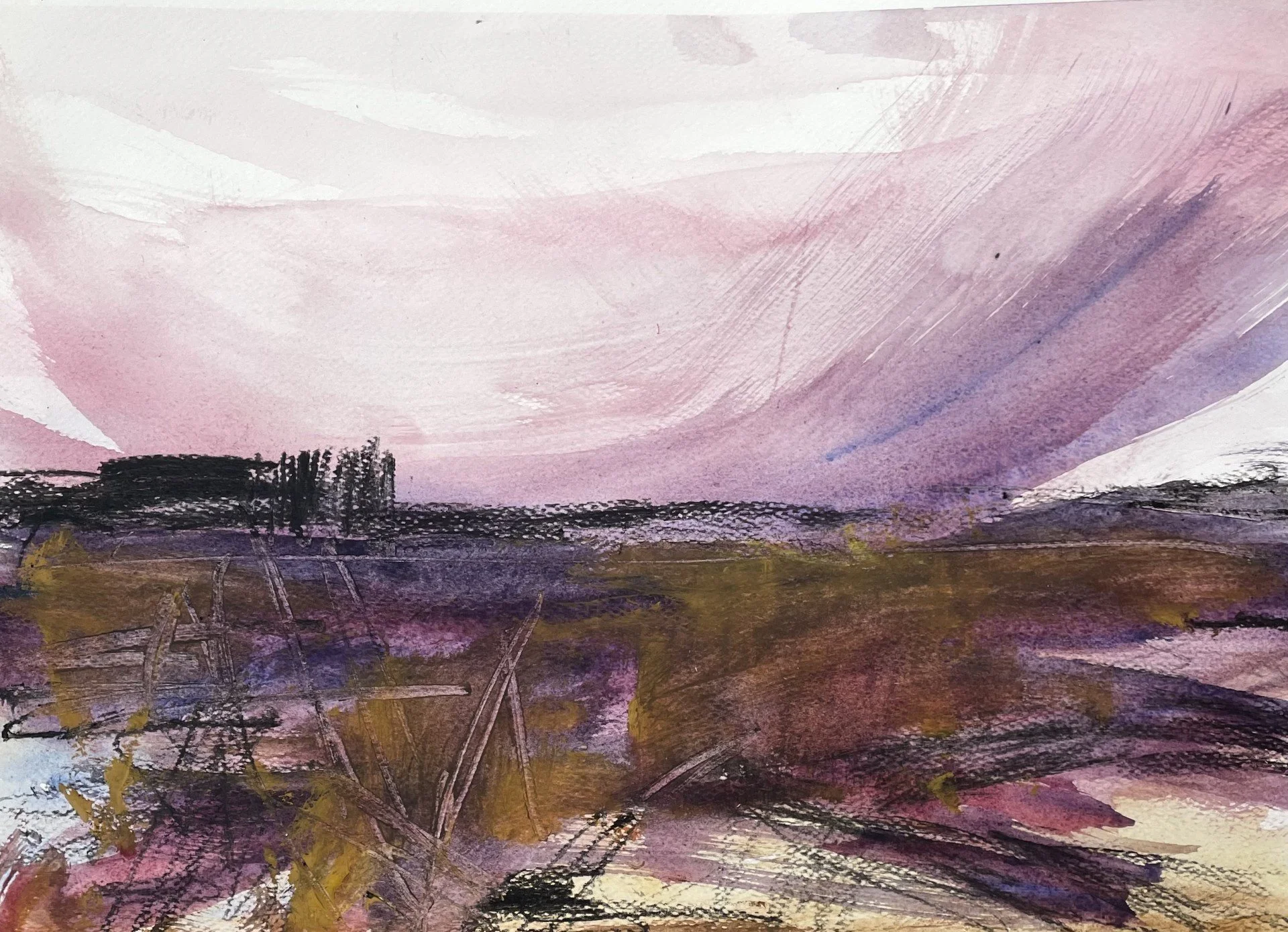 abstract landscape painting with a sky in shades of pink, purple, and white, and dark lines representing land or trees in the foreground.