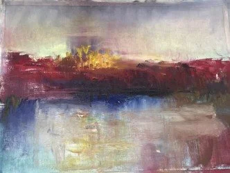 Abstract landscape painting with a body of water reflecting colors of the sky and land, featuring red, purple, yellow, and blue hues.