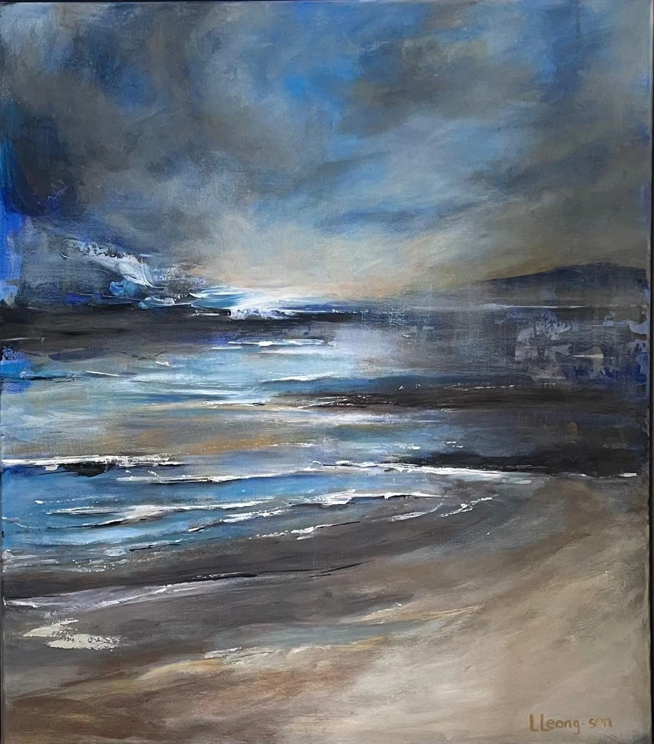 Abstract painting of a seascape with clouds, water, and shoreline using shades of blue, gray, and white.