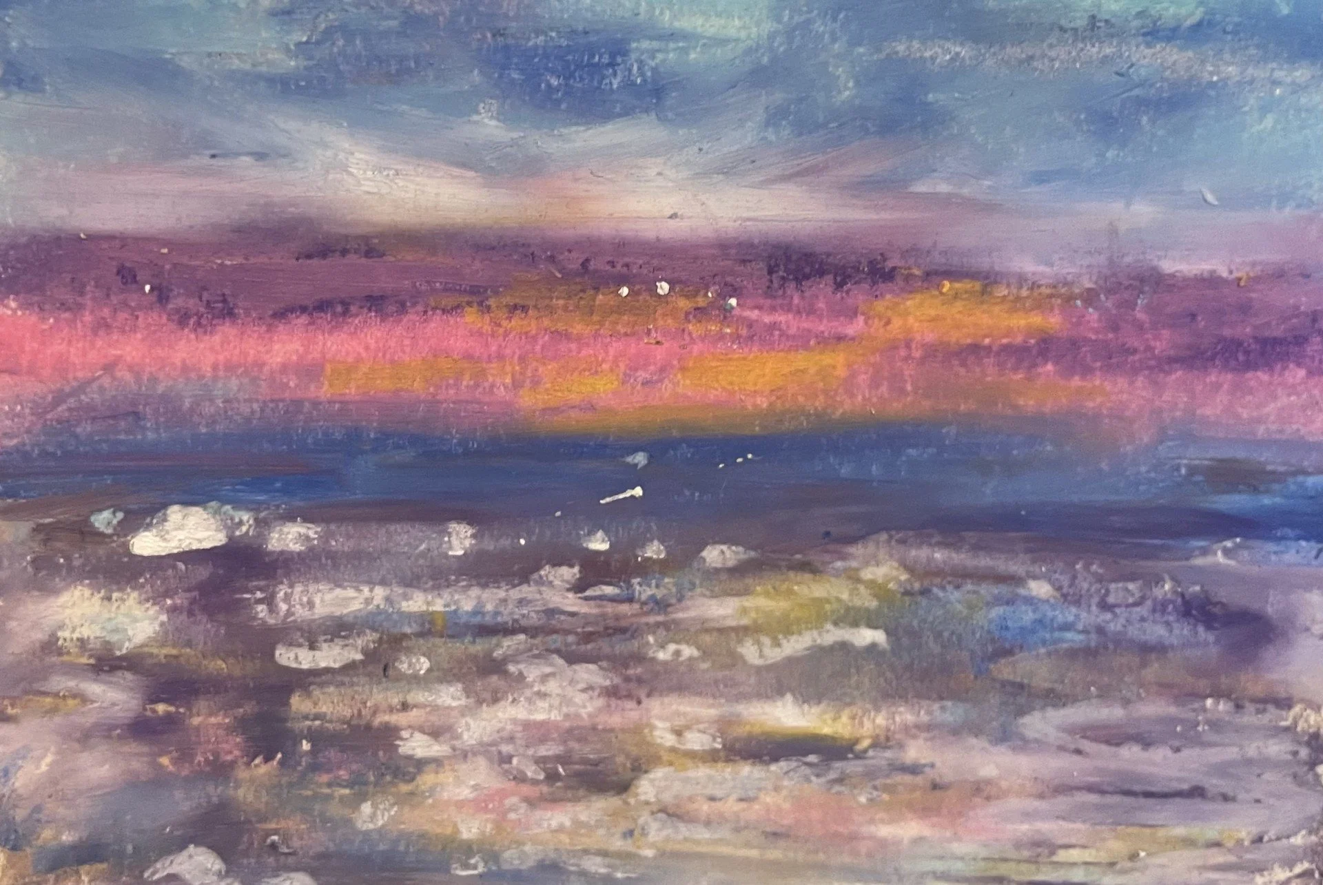 Abstract landscape painting with a purple sky, pink and yellow fields, and a blue foreground.