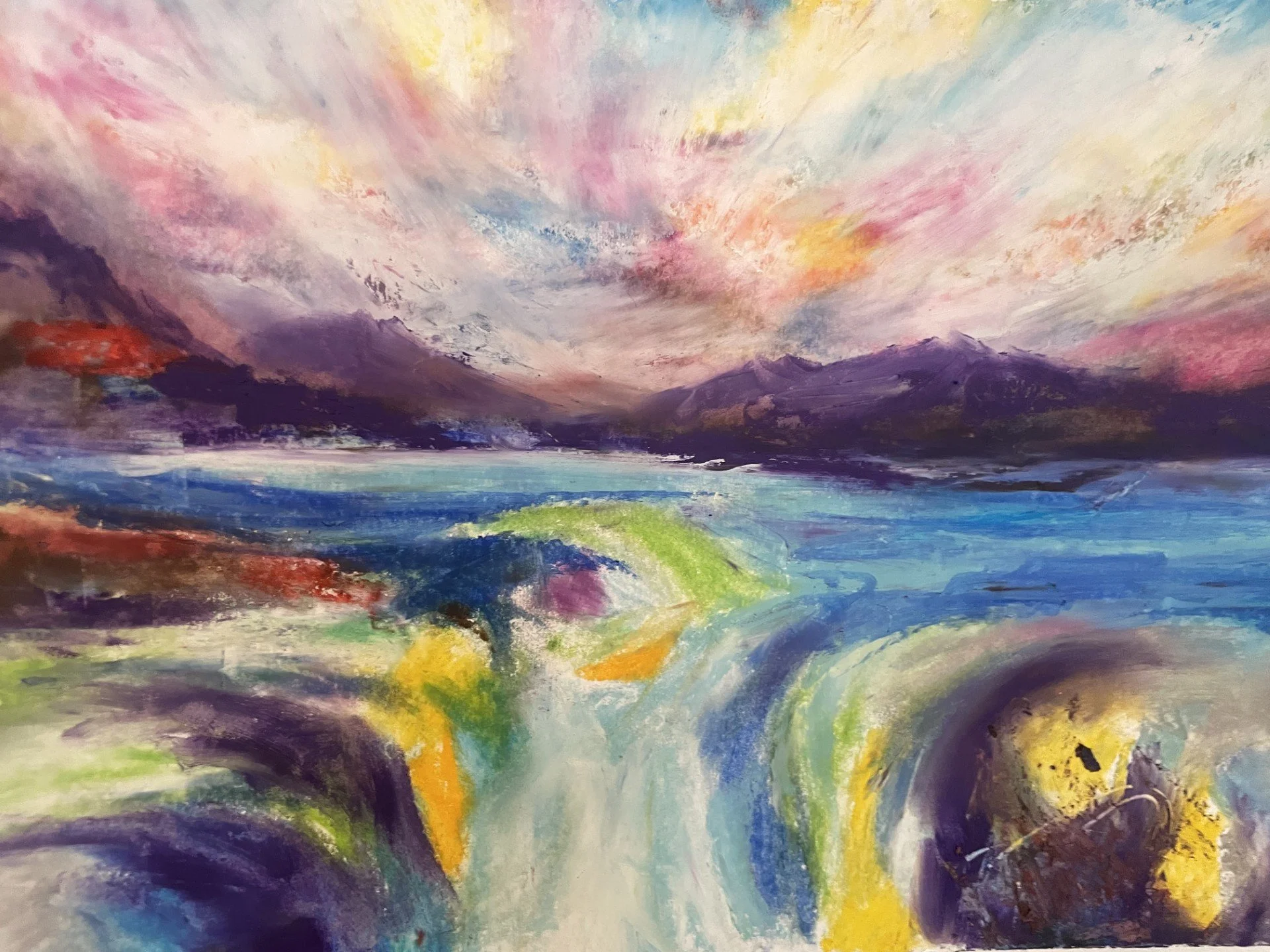 Abstract landscape painting with mountains, sky, and water in pastel and bold colors.