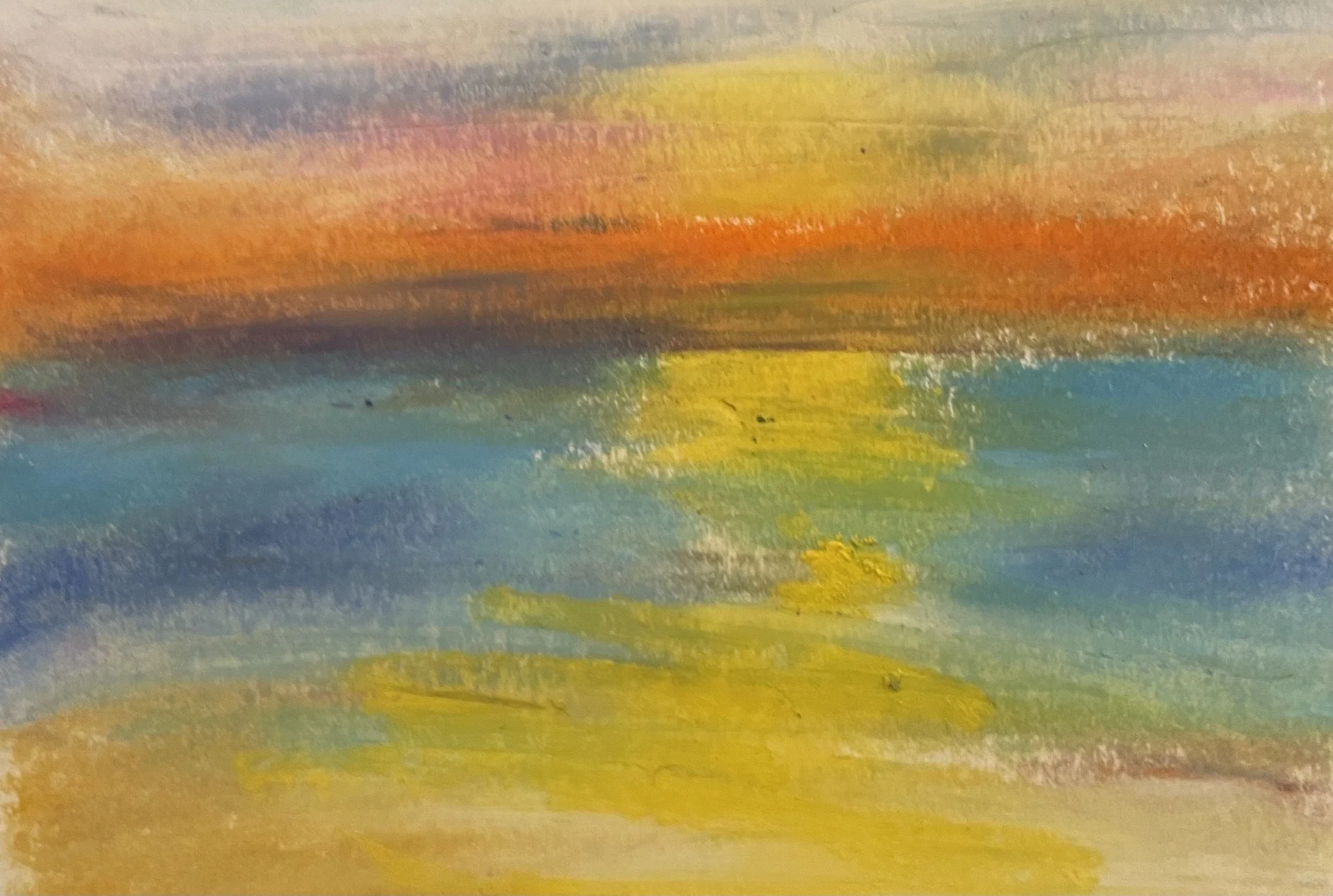 Abstract watercolor painting with broad horizontal strokes in shades of blue, yellow, orange, and purple.
