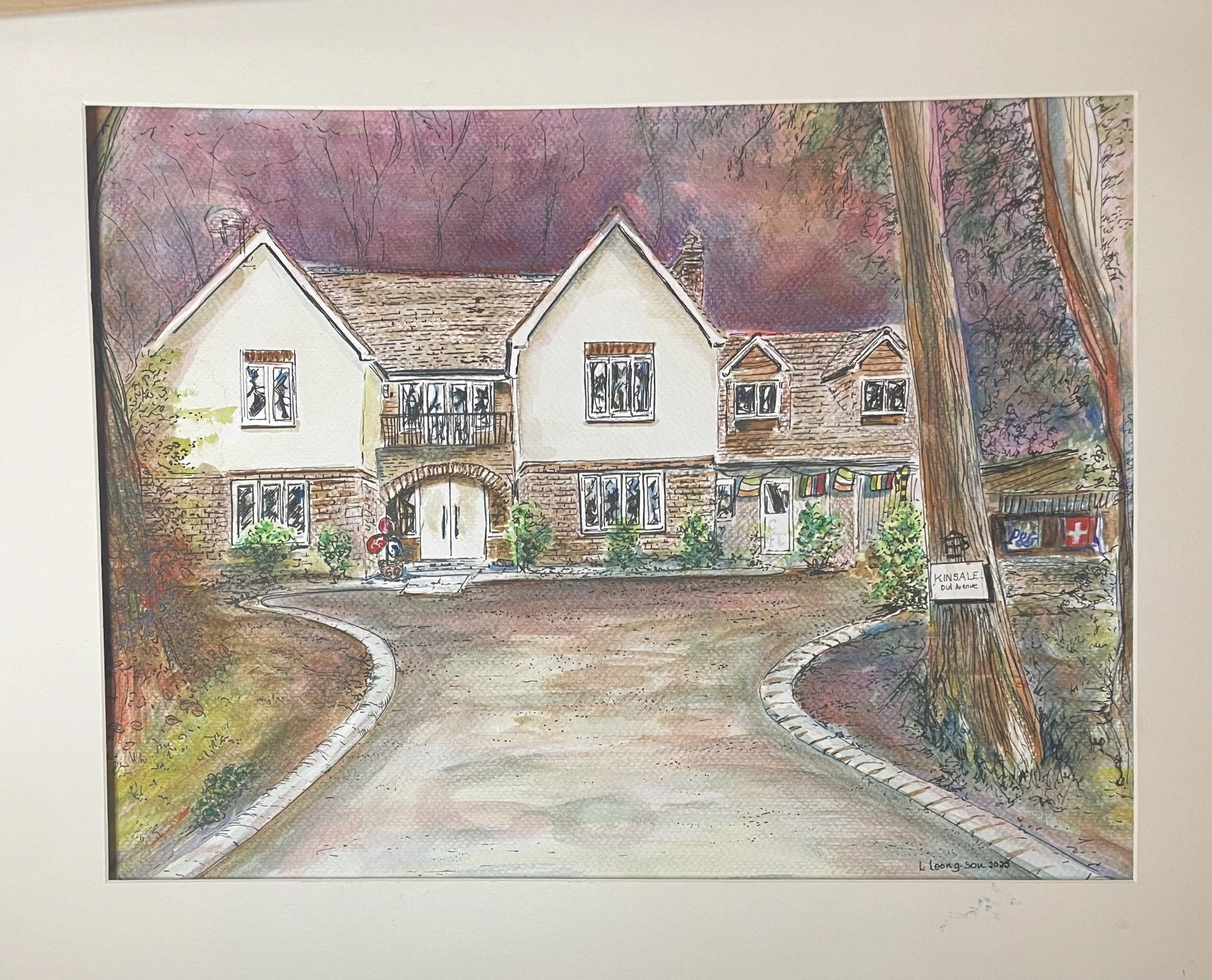 A watercolor painting of a large house with a driveway in the foreground, trees framing the scene, and a cloudy purple sky in the background.