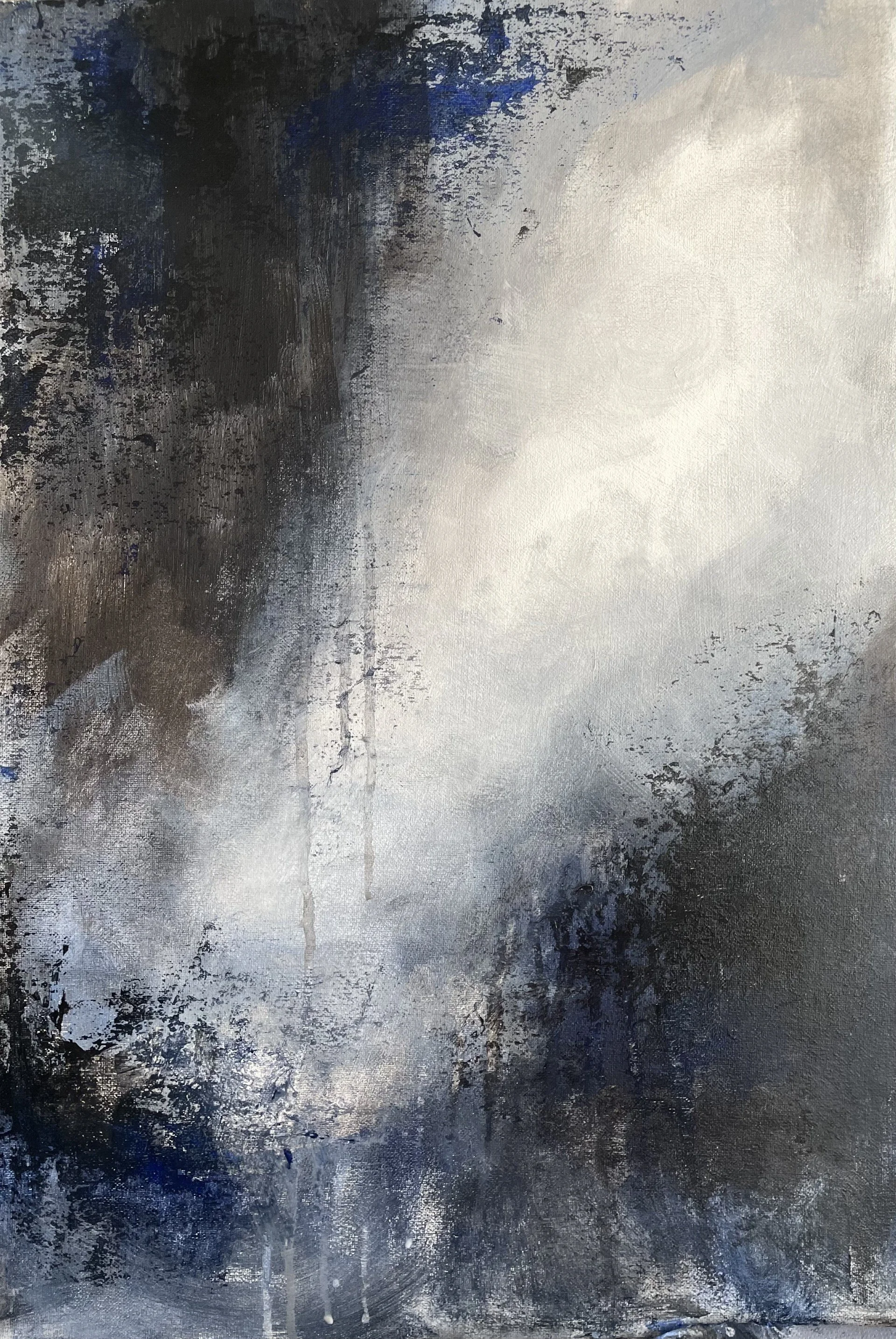Abstract painting with black, white, gray, and blue brush strokes and textures.