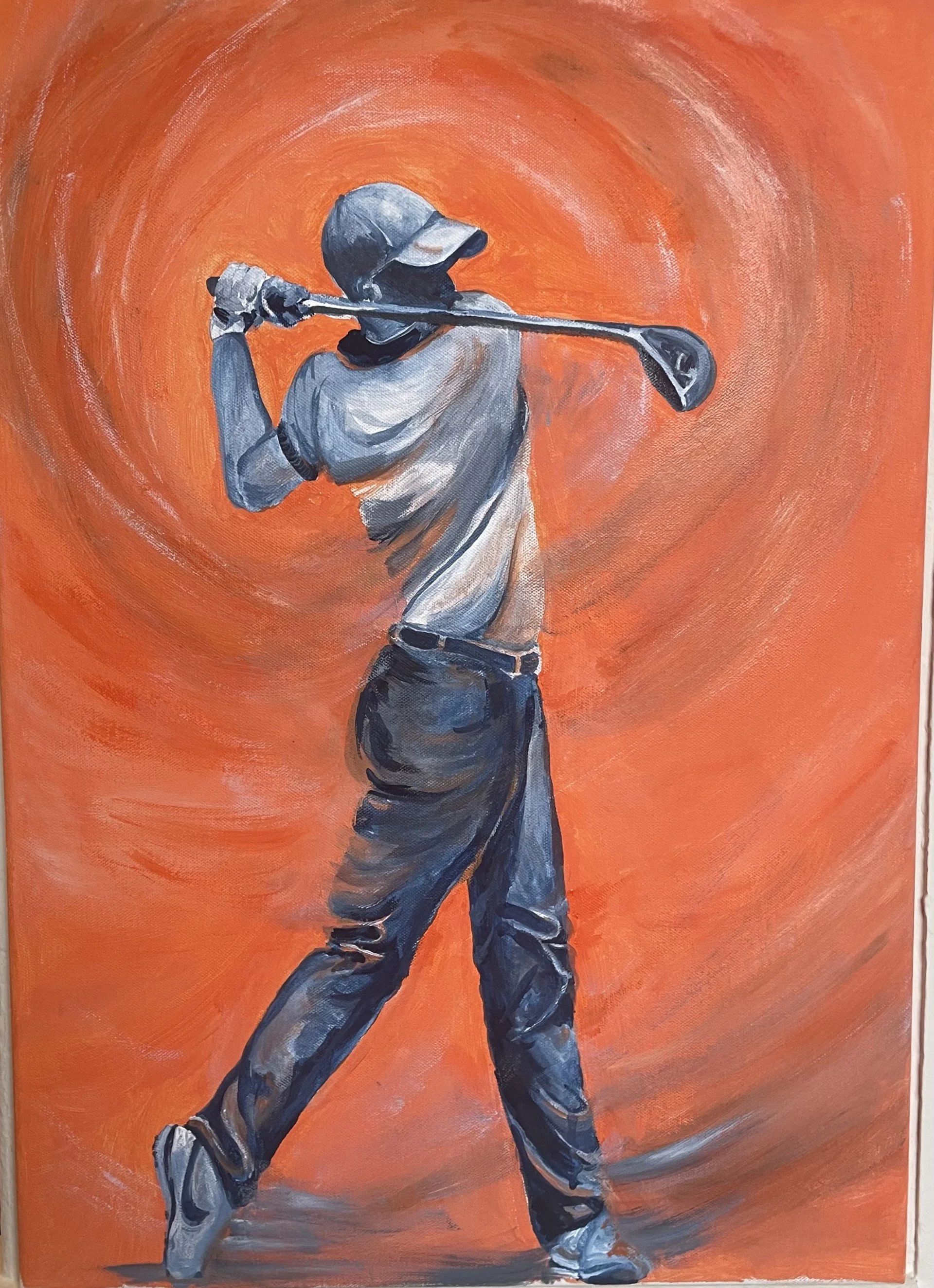 Painting of a golfer in a follow-through pose, wearing a cap, shirt, and pants, on an orange background with swirling patterns.