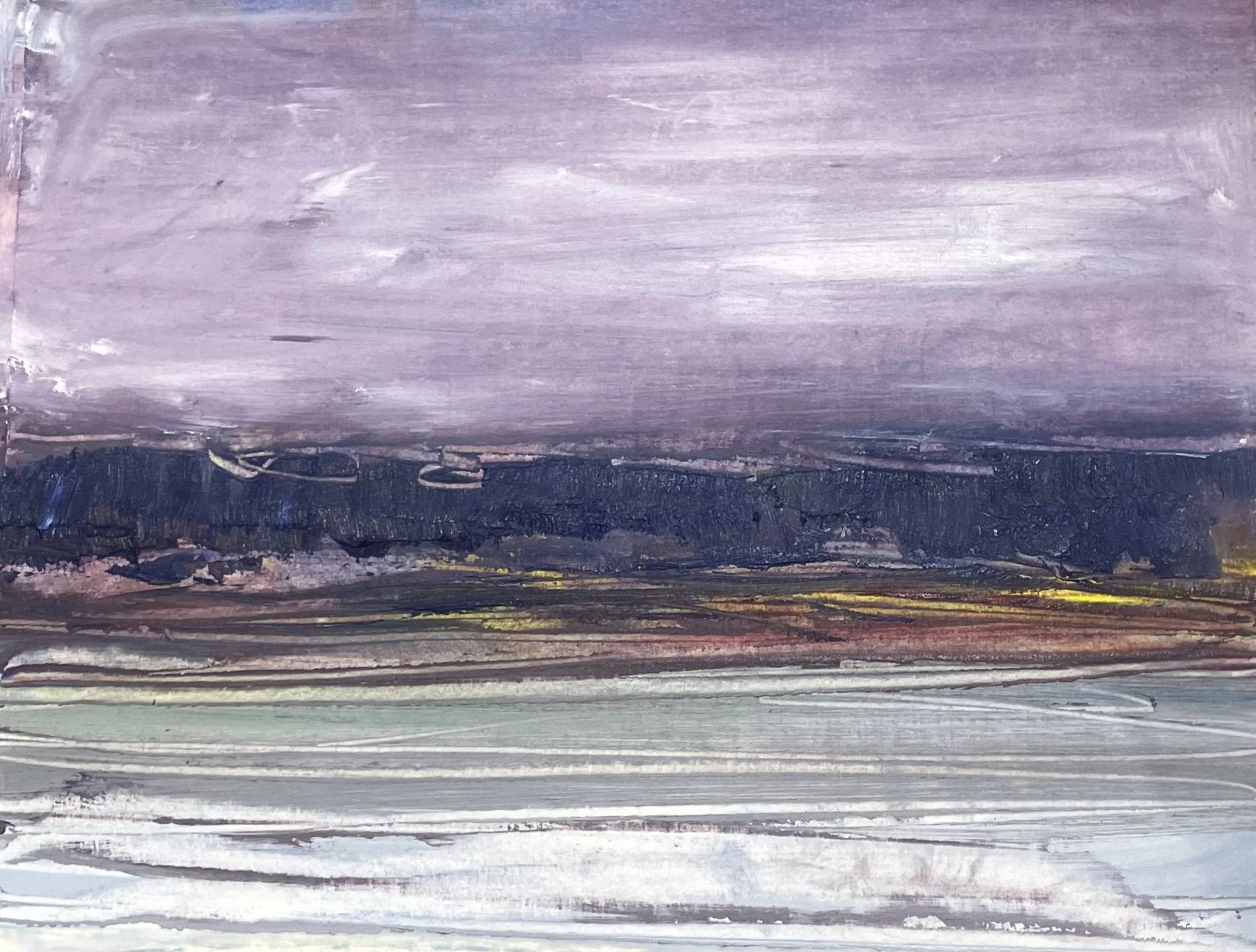 Abstract painting with horizontal strokes in shades of white, gray, black, and hints of yellow and purple.