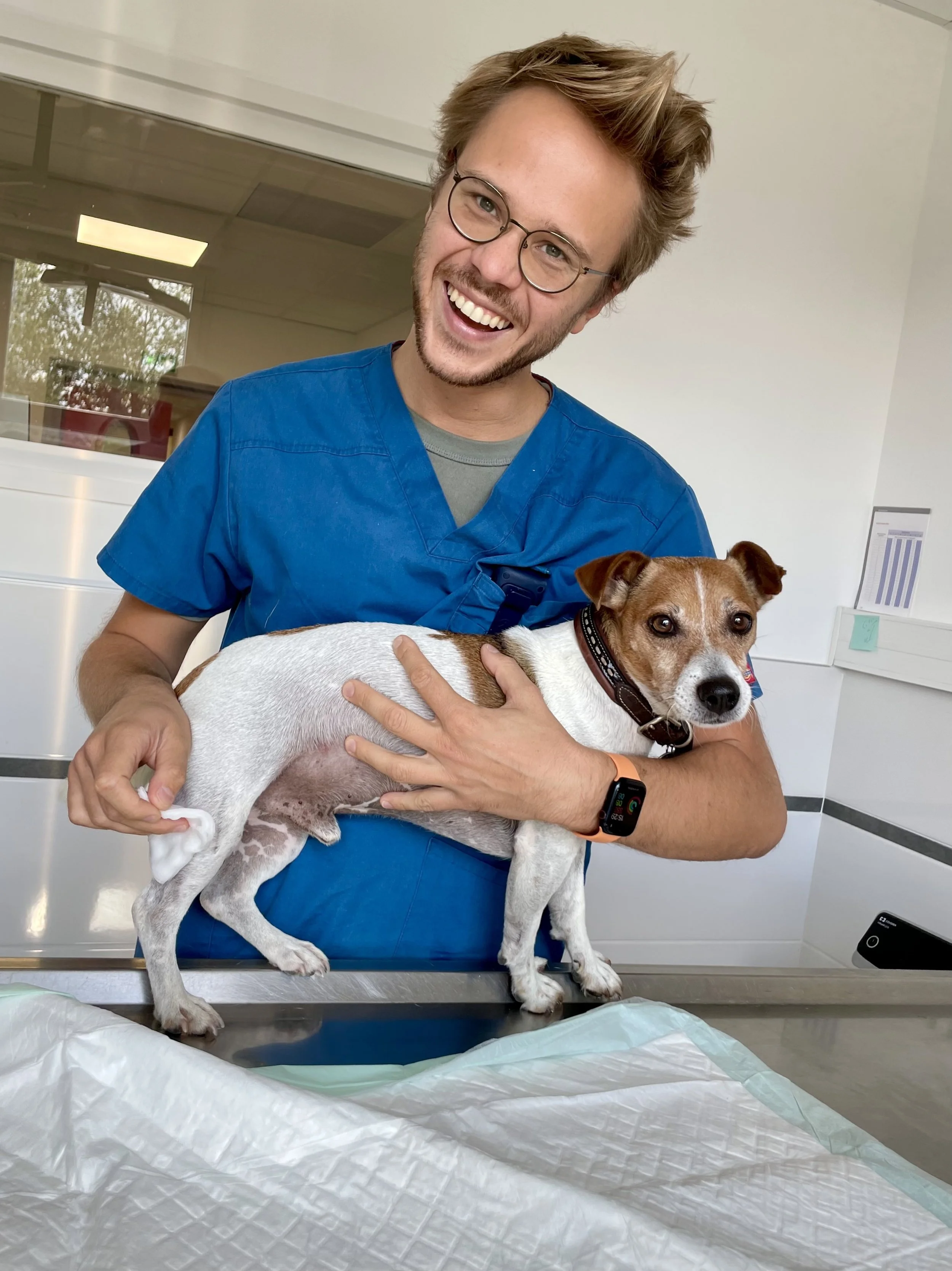 Un vétérinaire souriant en blouse bleue tenant un chien dans une clinique vétérinaire.