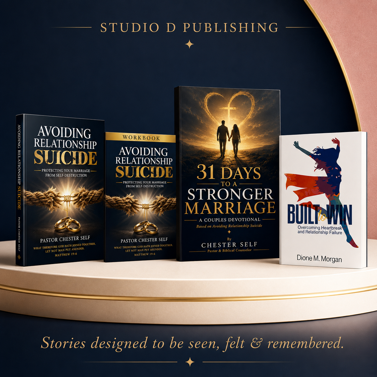 Books about marriage and relationship counseling displayed on a shelf with a dark blue and gold background. The titles include "Avoiding Relationship Suicide," "31 Days to a Stronger Marriage," and "Built to Win." The shelf is adorned with a quote at the bottom that reads, "Stories designed to be seen, felt & remembered."