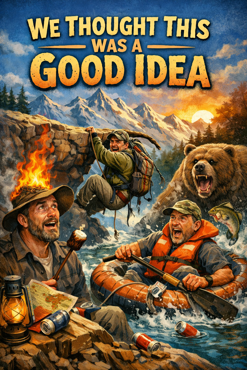 Colorful illustration of three men in a wilderness setting with mountains, a bear, a fish, and a campfire, with the book title "We thought this was a good idea" at the top.