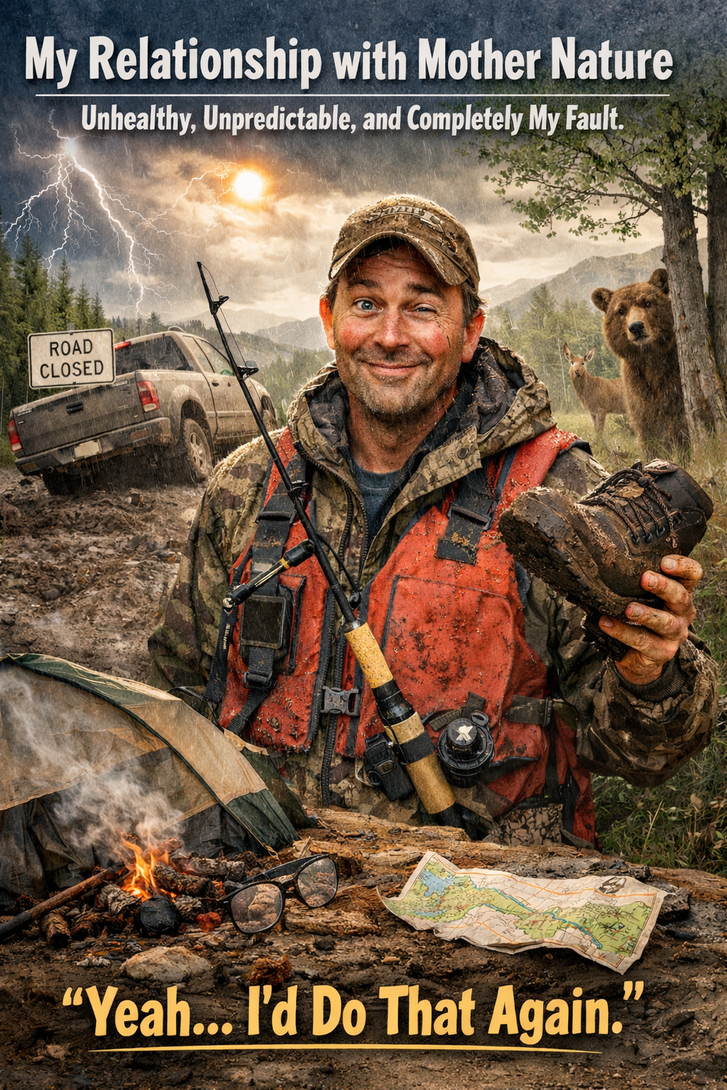 A smiling man dressed in camo and orange outdoor gear, holding a muddy hiking boot, in a muddy forest with a truck, a bear and deer behind him, lightning and stormy sky in background, map and glasses on mud, with text 'My Relationship with Mother Nature: Unhealthy, Unpredictable, and Completely My Fault.' and 'Yeah... I’d Do That Again.'