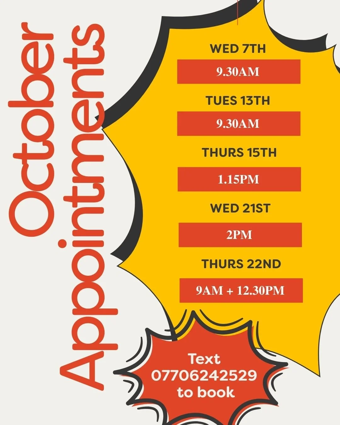 🍂 LAST FEW OCTOBER SLOTS REMAINING 🍂

A few more appointment times have just been released for Teignmouth - but once they&rsquo;re gone, they&rsquo;re gone!

📍 Teignmouth: Tues&ndash;Thurs
📍 Chudleigh: Select Mondays &amp; Fridays

👉 Message now
