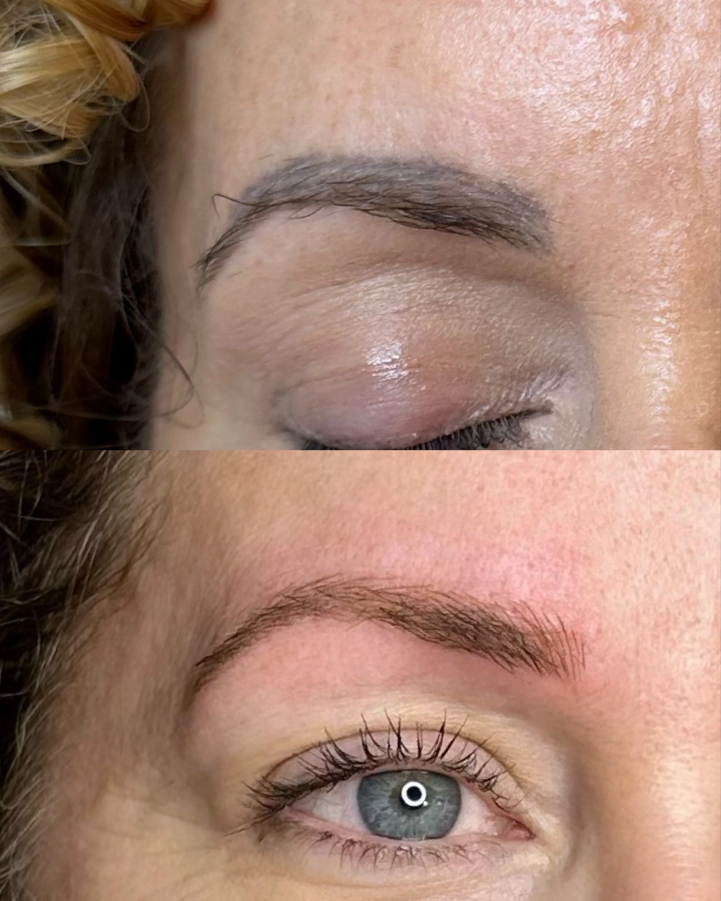Dark and heavy microblading removed and replaced with natural hairstroke brows