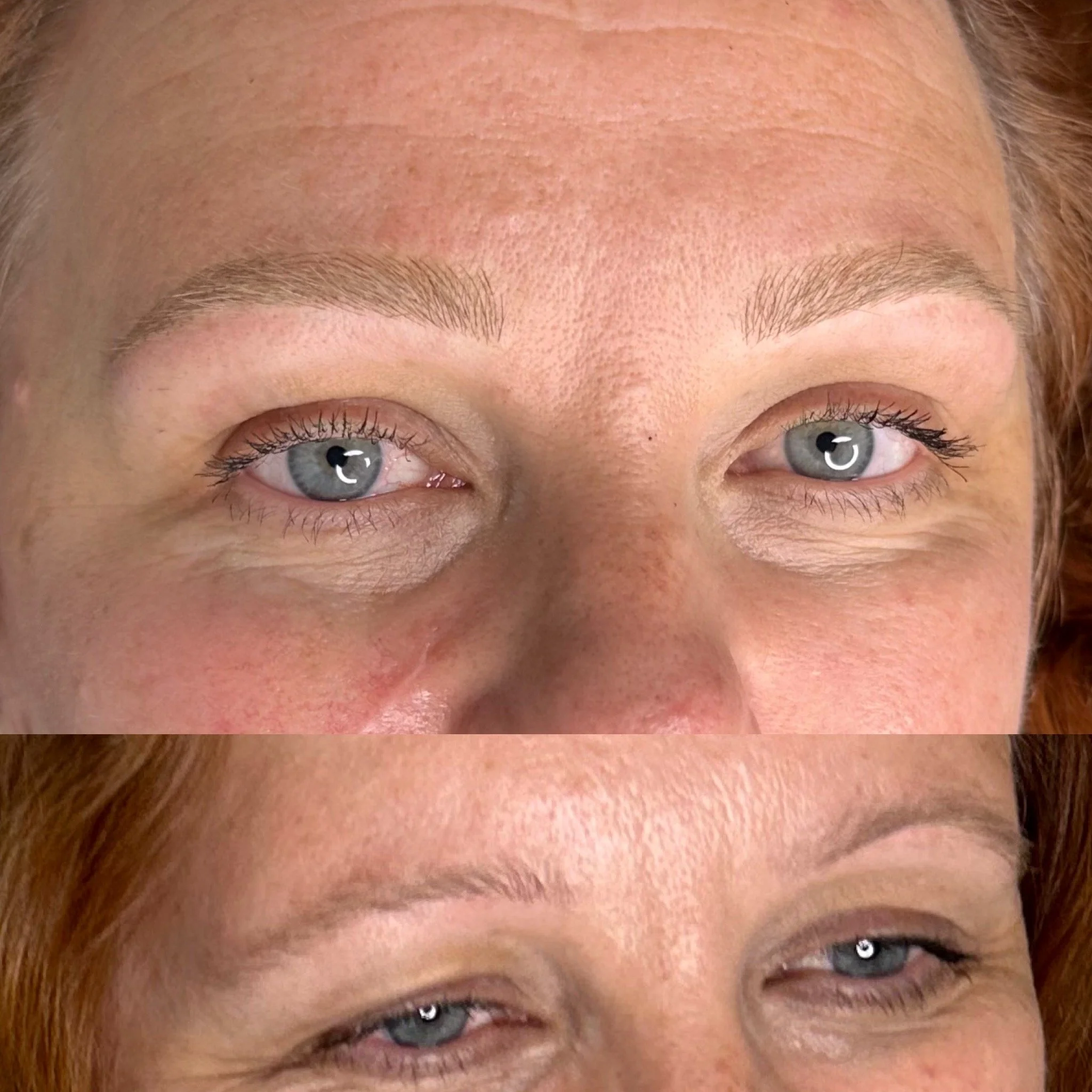 Close-up of a person's face showing before and after eyelash lifting treatment, highlighting the improved curl and lift of the eyelashes.