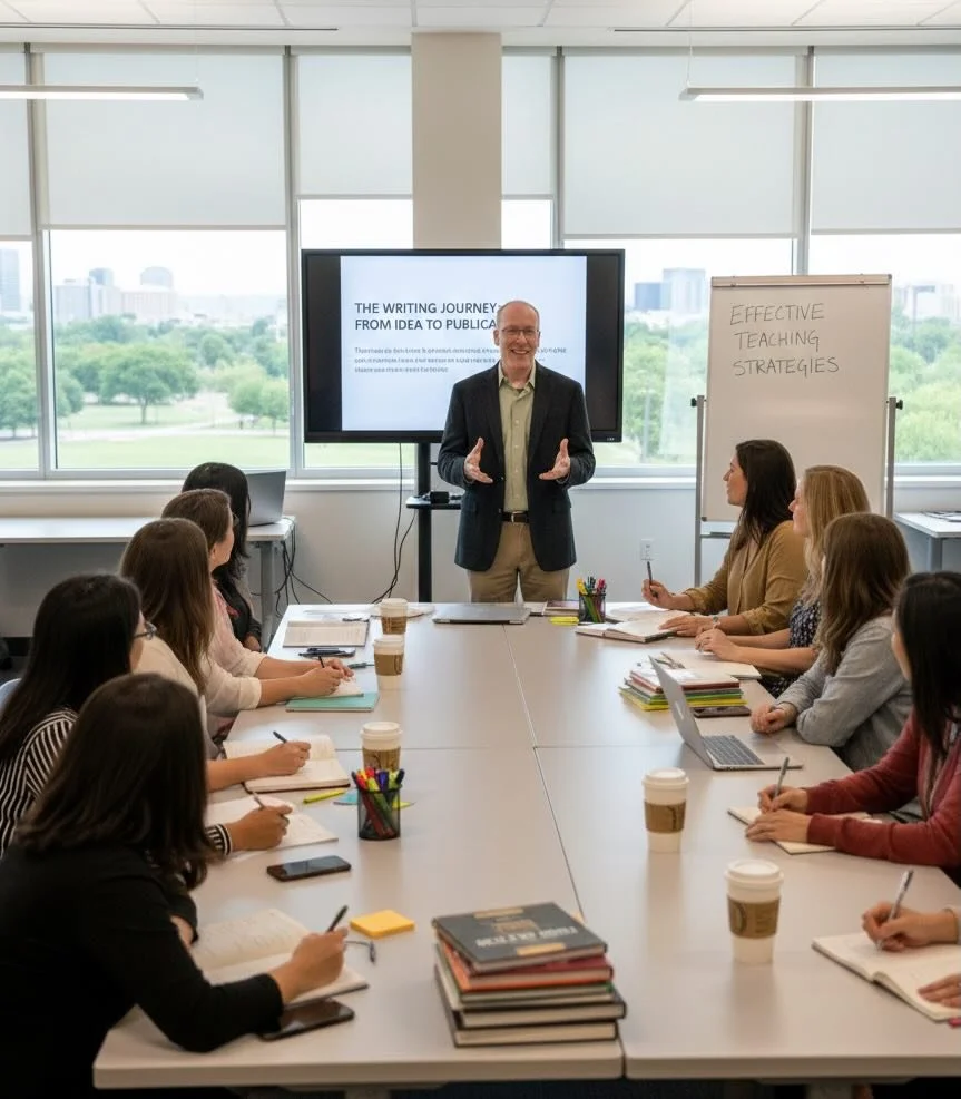 Jeffrey A. Brown facilitating teacher professional development workshop on writing instruction strategies for secondary educators 