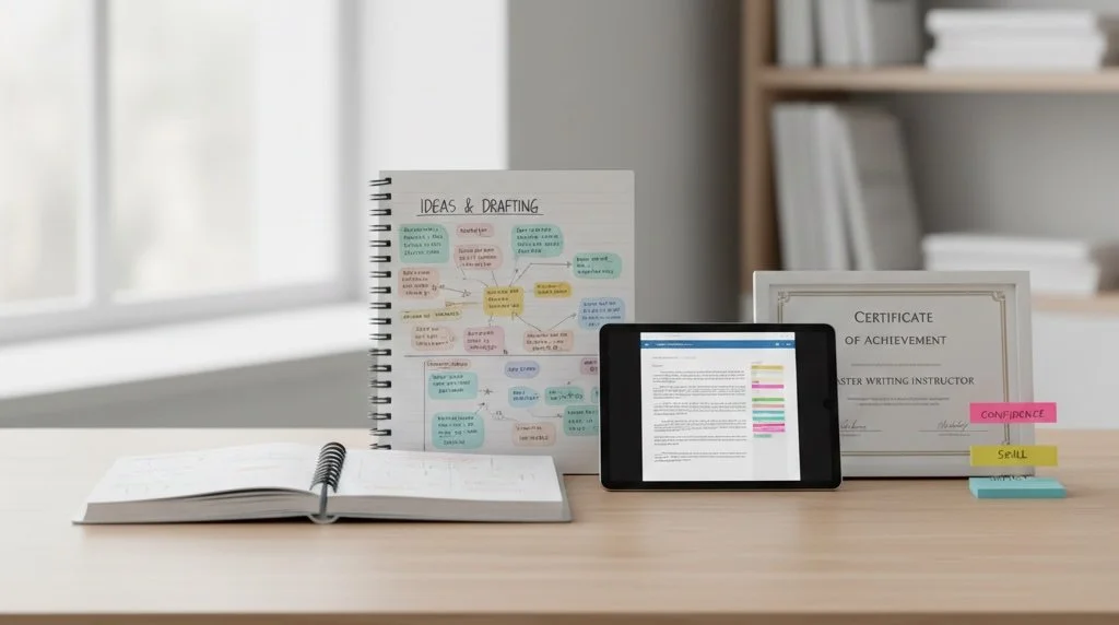 Writing workshop outcomes showing ideas and drafting concept map, digital curriculum, and Master Writing Instructor certificate 