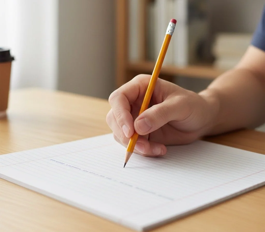 Student hand writing on lined paper with pencil