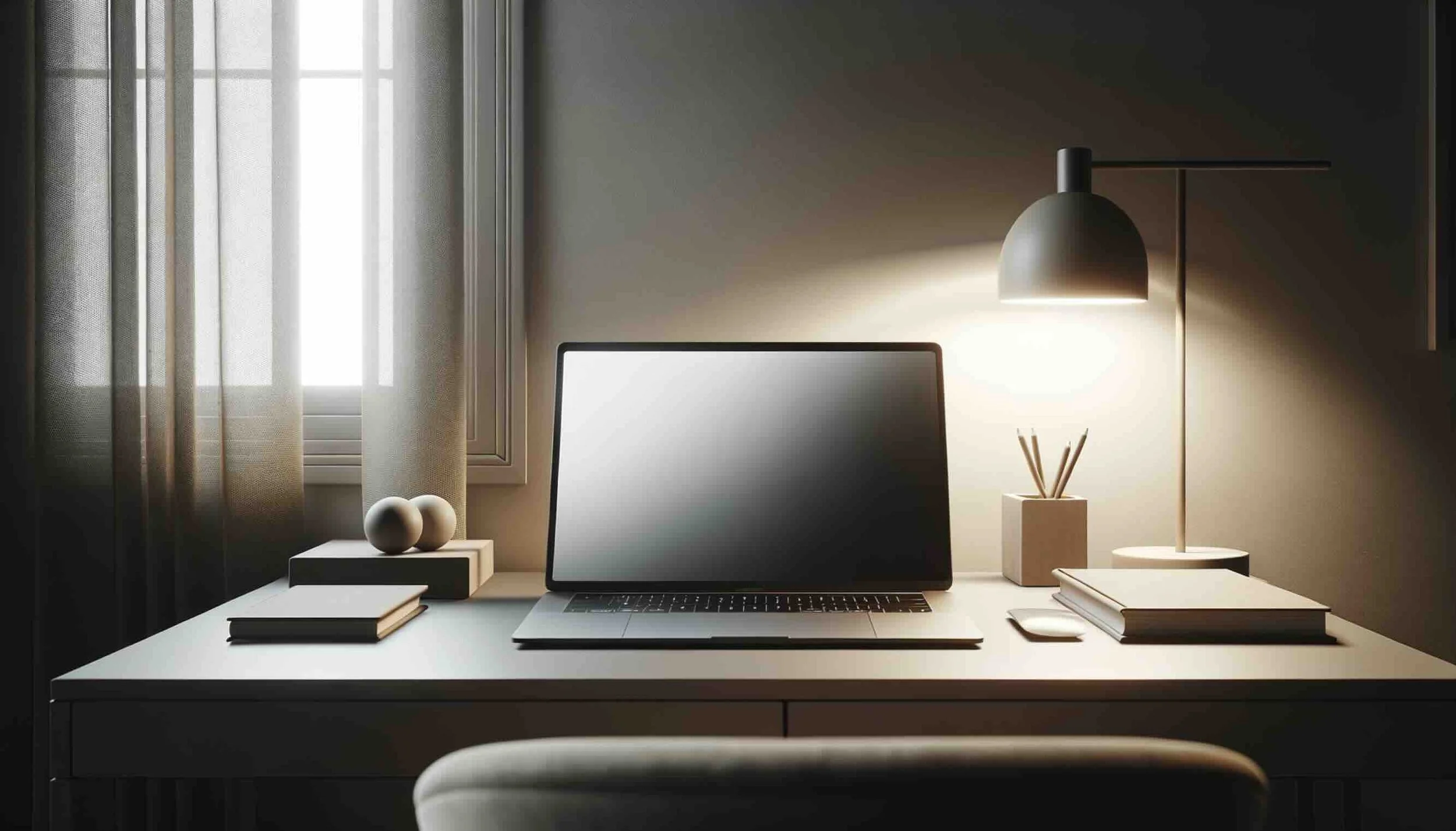 Modern workspace with a computer, notebooks, and decorative objects on a white desk illuminated by a desk lamp near a window